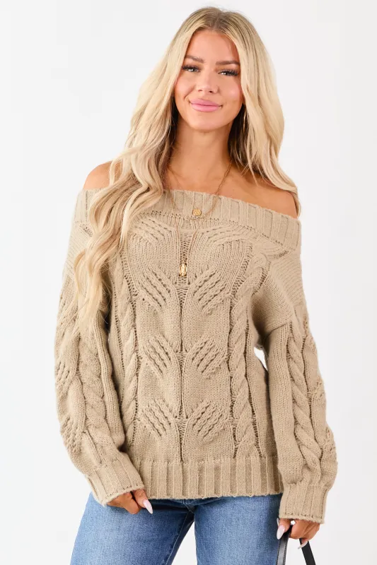 Latte Off the Shoulder Cable Knit Sweater sold by Lime Lush