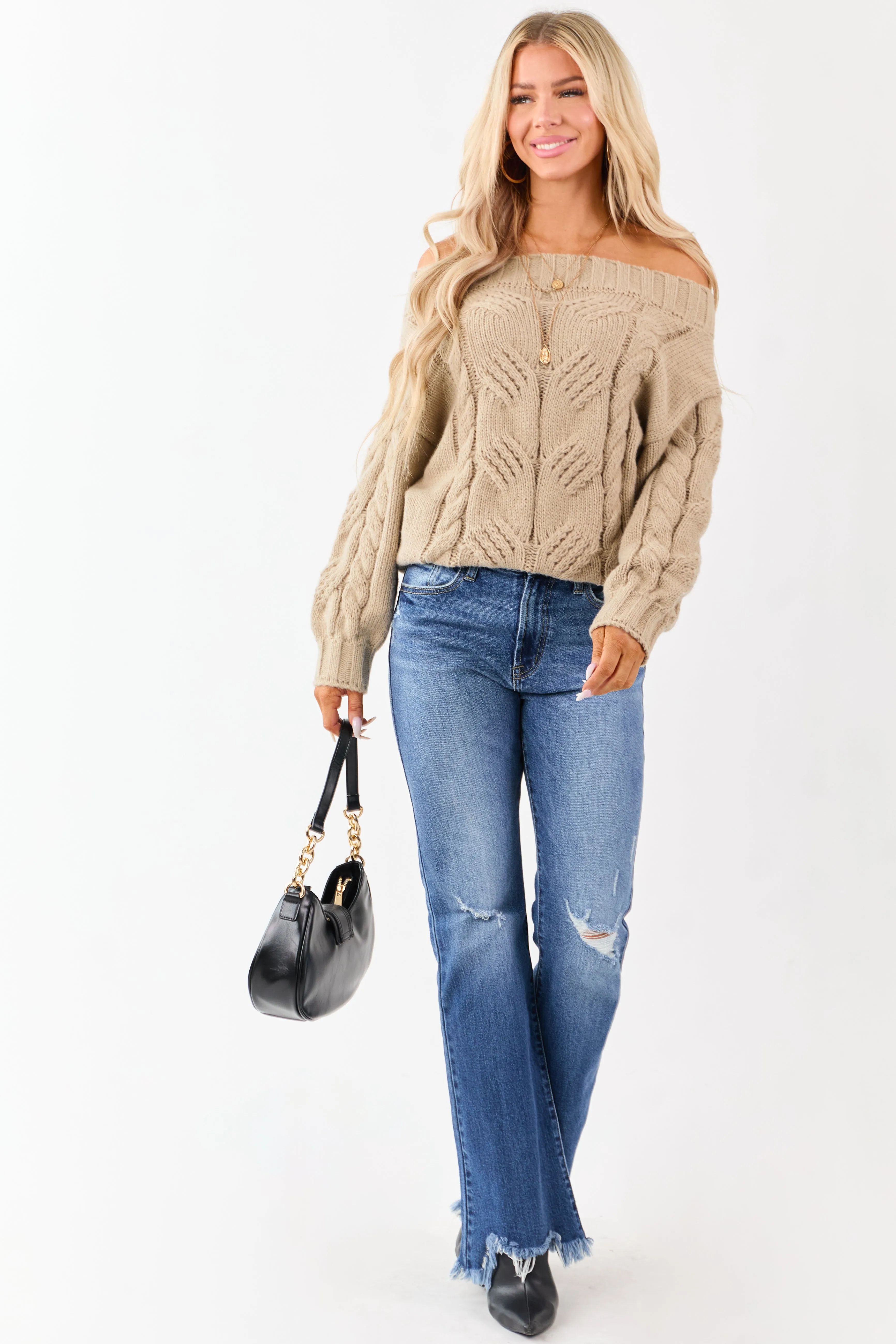 Latte Off the Shoulder Cable Knit Sweater sold by Lime Lush product image thumbnail 2