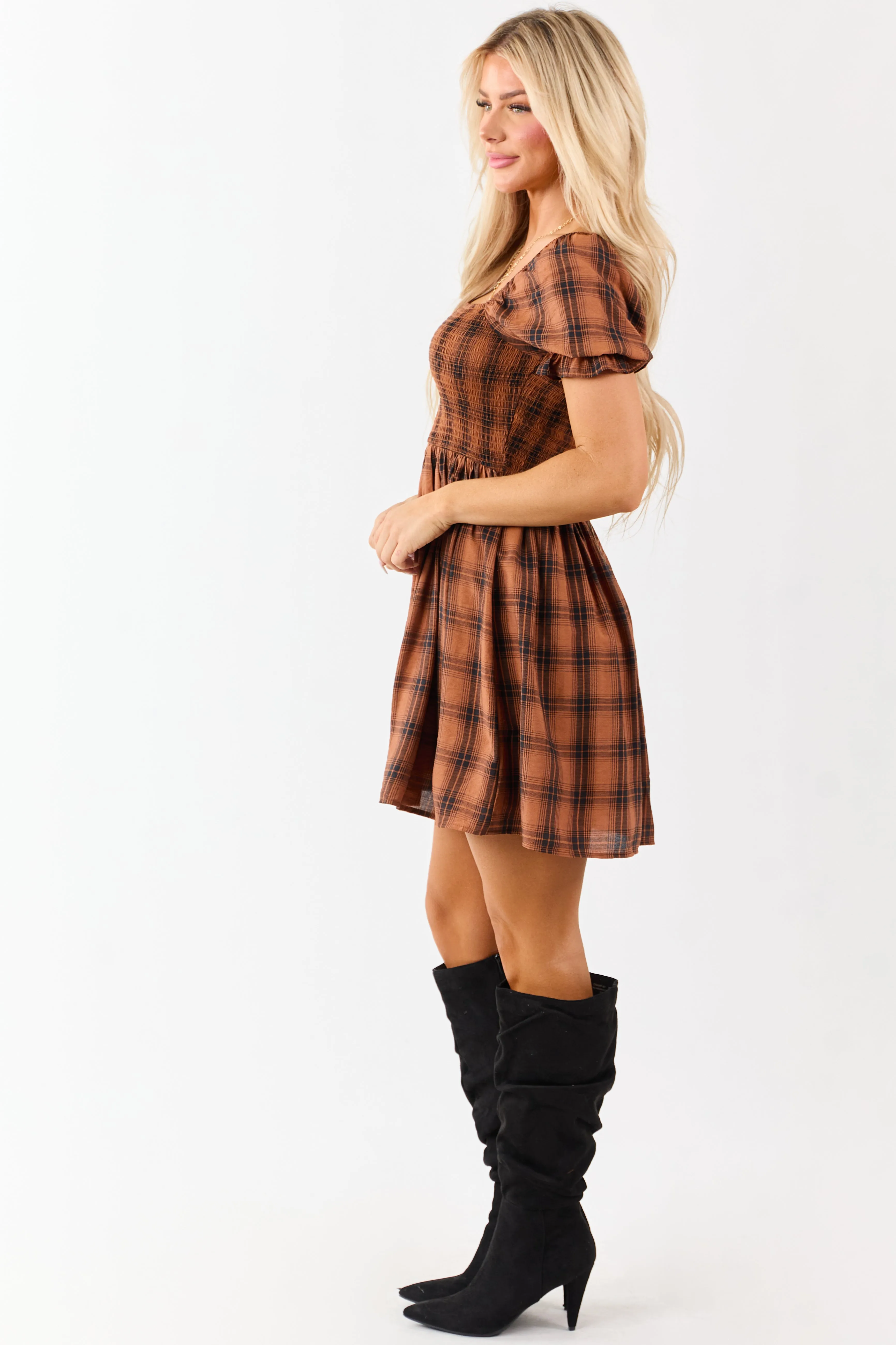 Dark Pumpkin Spice Plaid Smocked Mini Dress sold by Lime Lush product image thumbnail 5