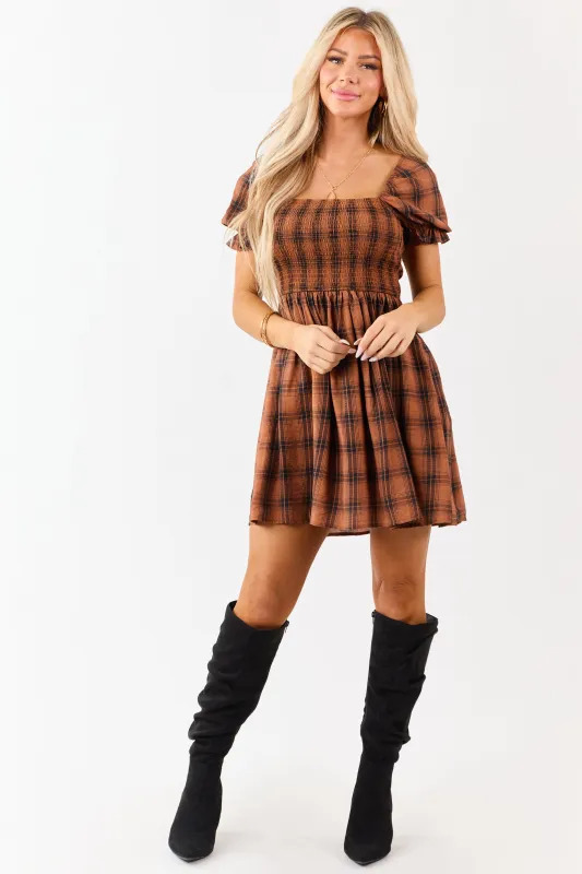 Dark Pumpkin Spice Plaid Smocked Mini Dress sold by Lime Lush