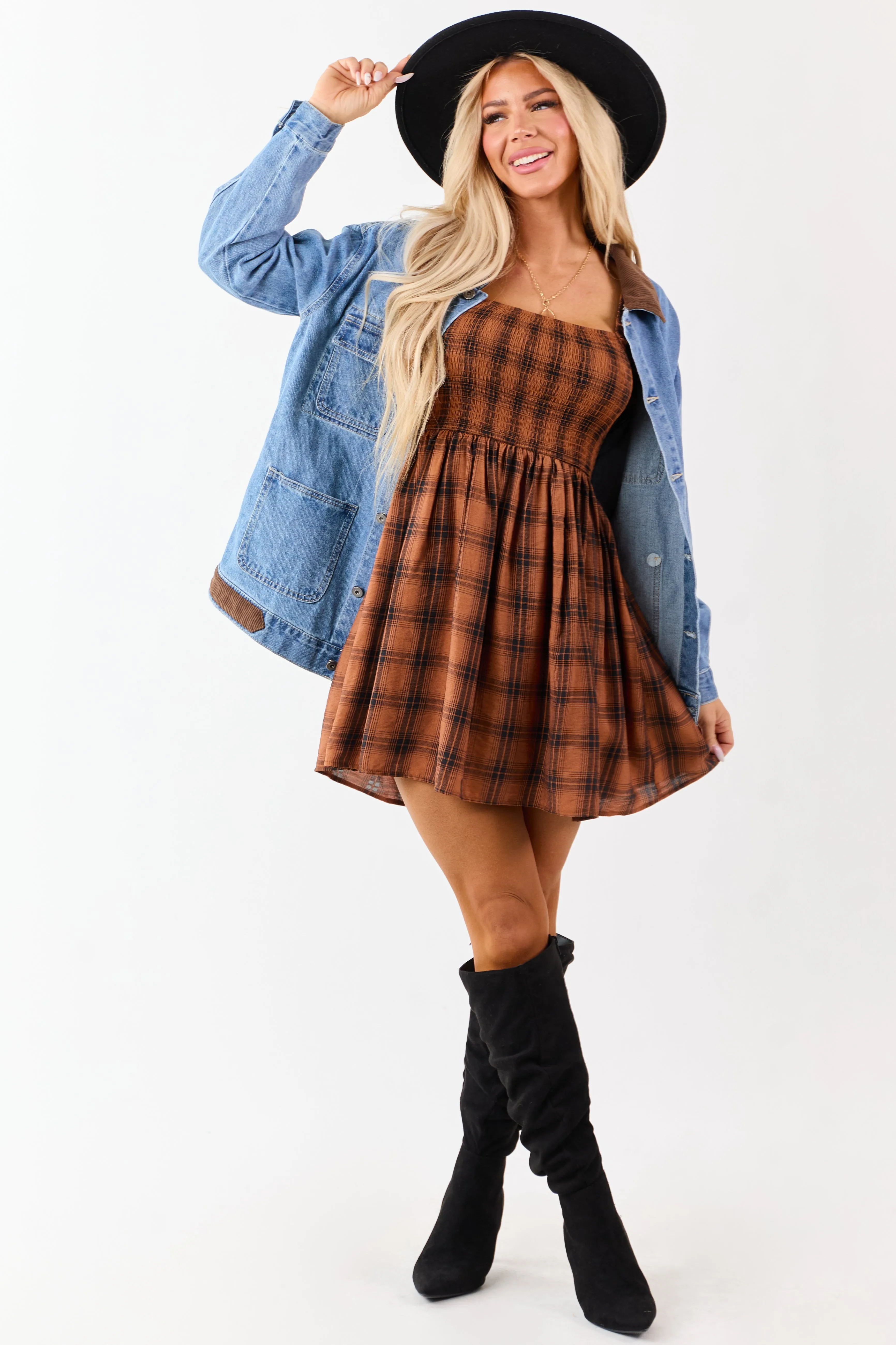 Dark Pumpkin Spice Plaid Smocked Mini Dress sold by Lime Lush product image thumbnail 4