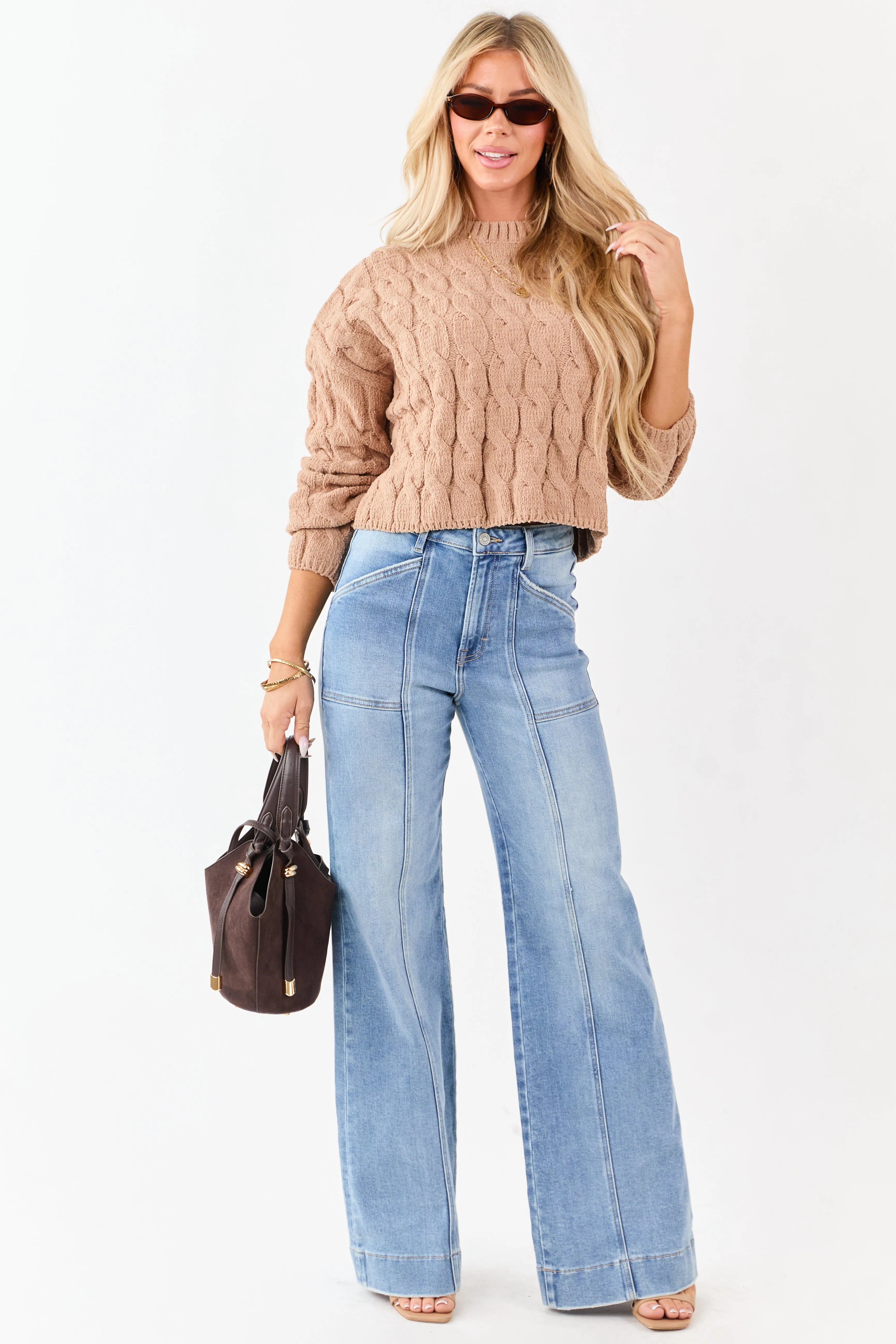 Camel Semi Cropped Chenille Cable Knit Sweater sold by Lime Lush product image thumbnail 2