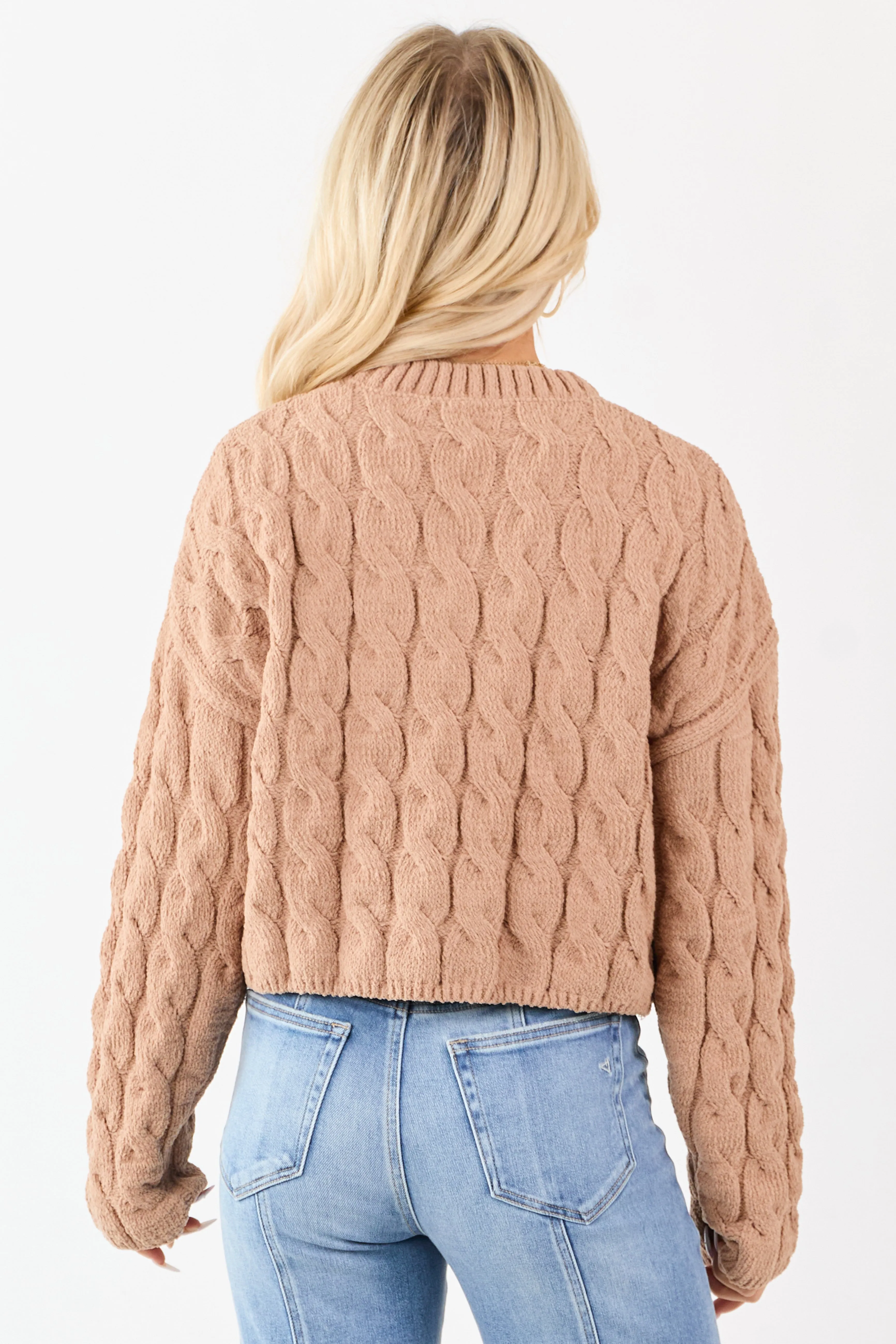 Camel Semi Cropped Chenille Cable Knit Sweater sold by Lime Lush product image thumbnail 5