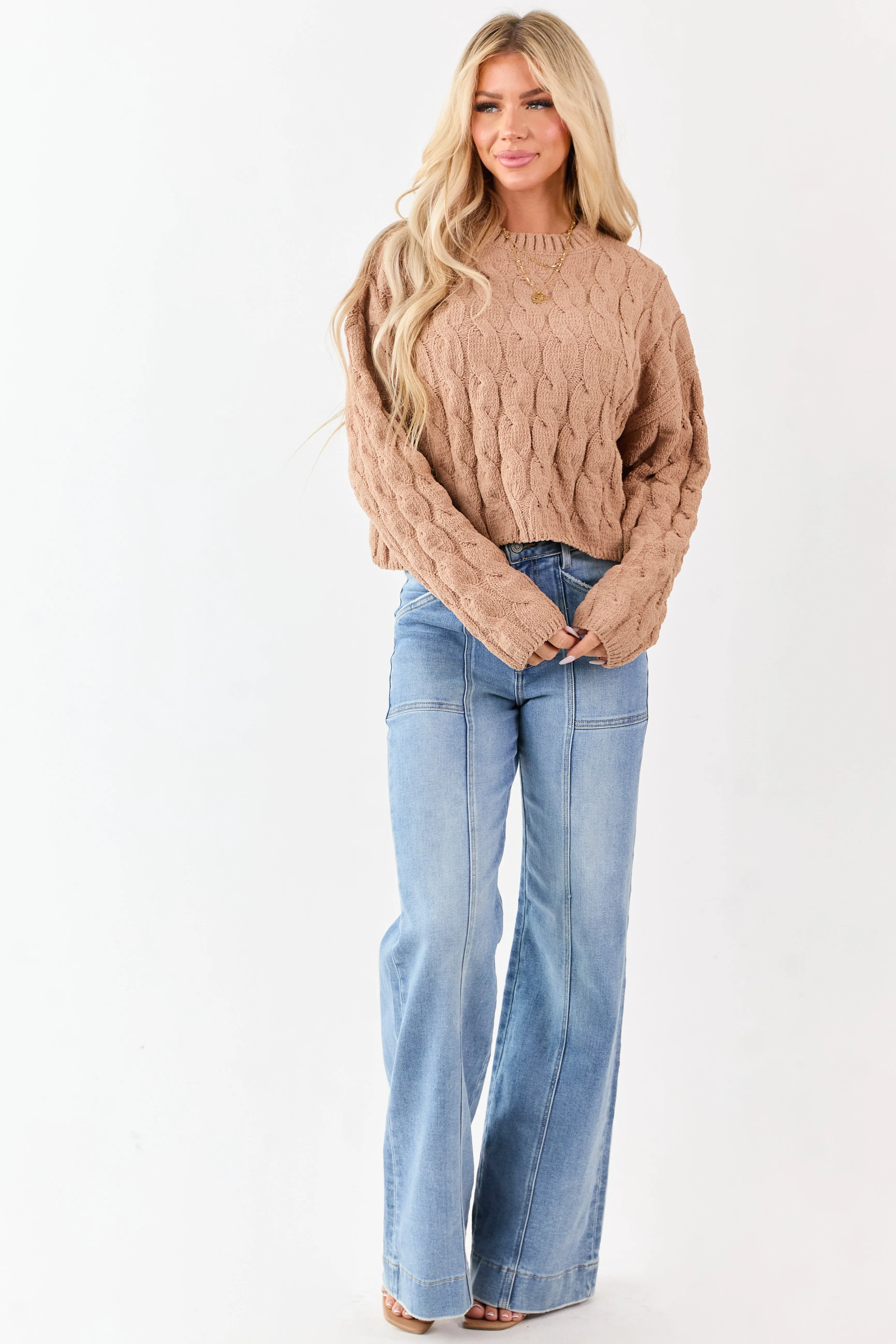 Camel Semi Cropped Chenille Cable Knit Sweater sold by Lime Lush product image thumbnail 3