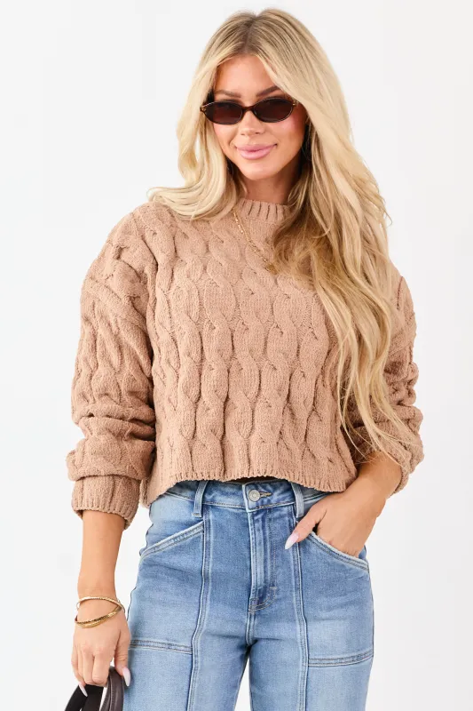 Camel Semi Cropped Chenille Cable Knit Sweater sold by Lime Lush