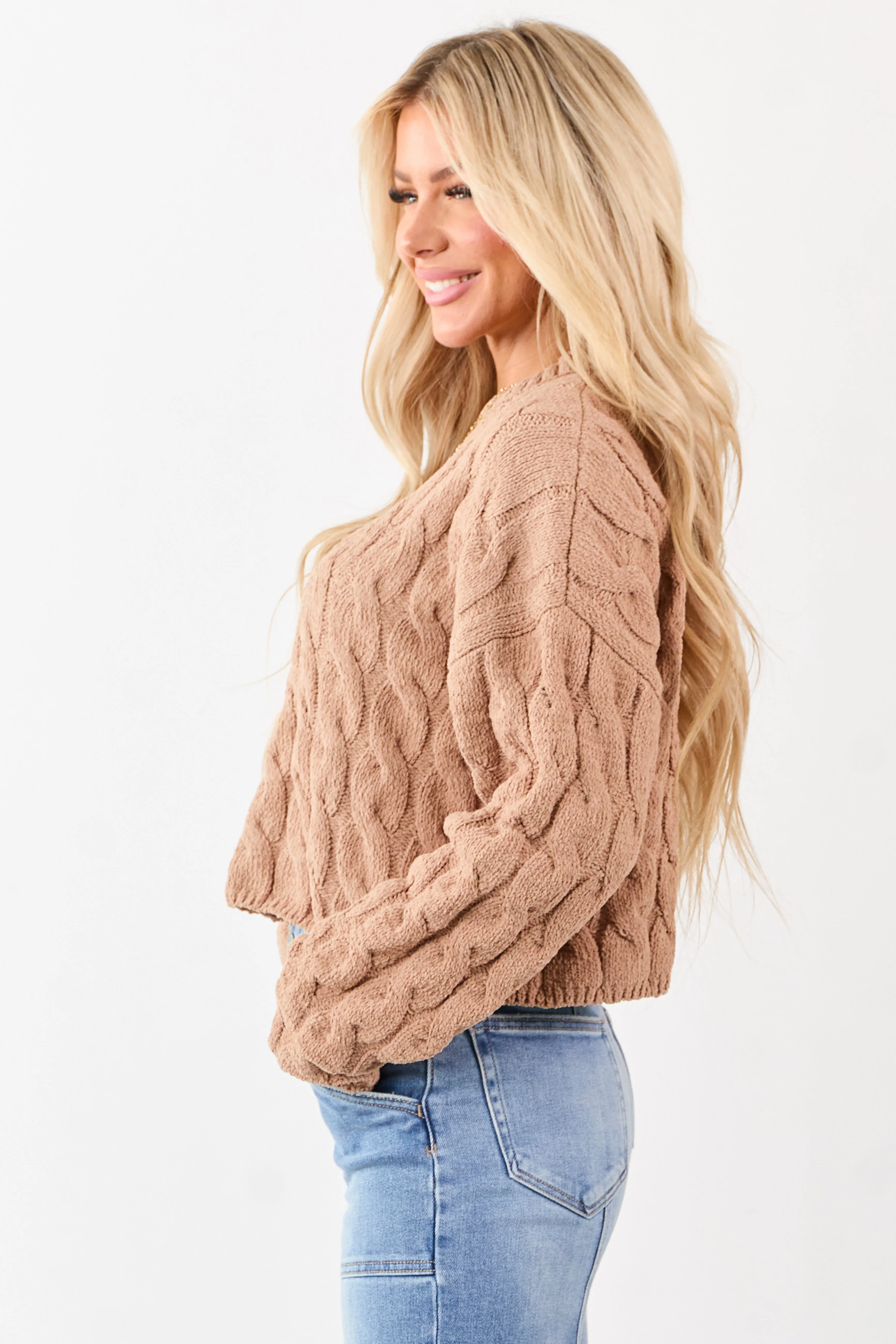 Camel Semi Cropped Chenille Cable Knit Sweater sold by Lime Lush product image thumbnail 4