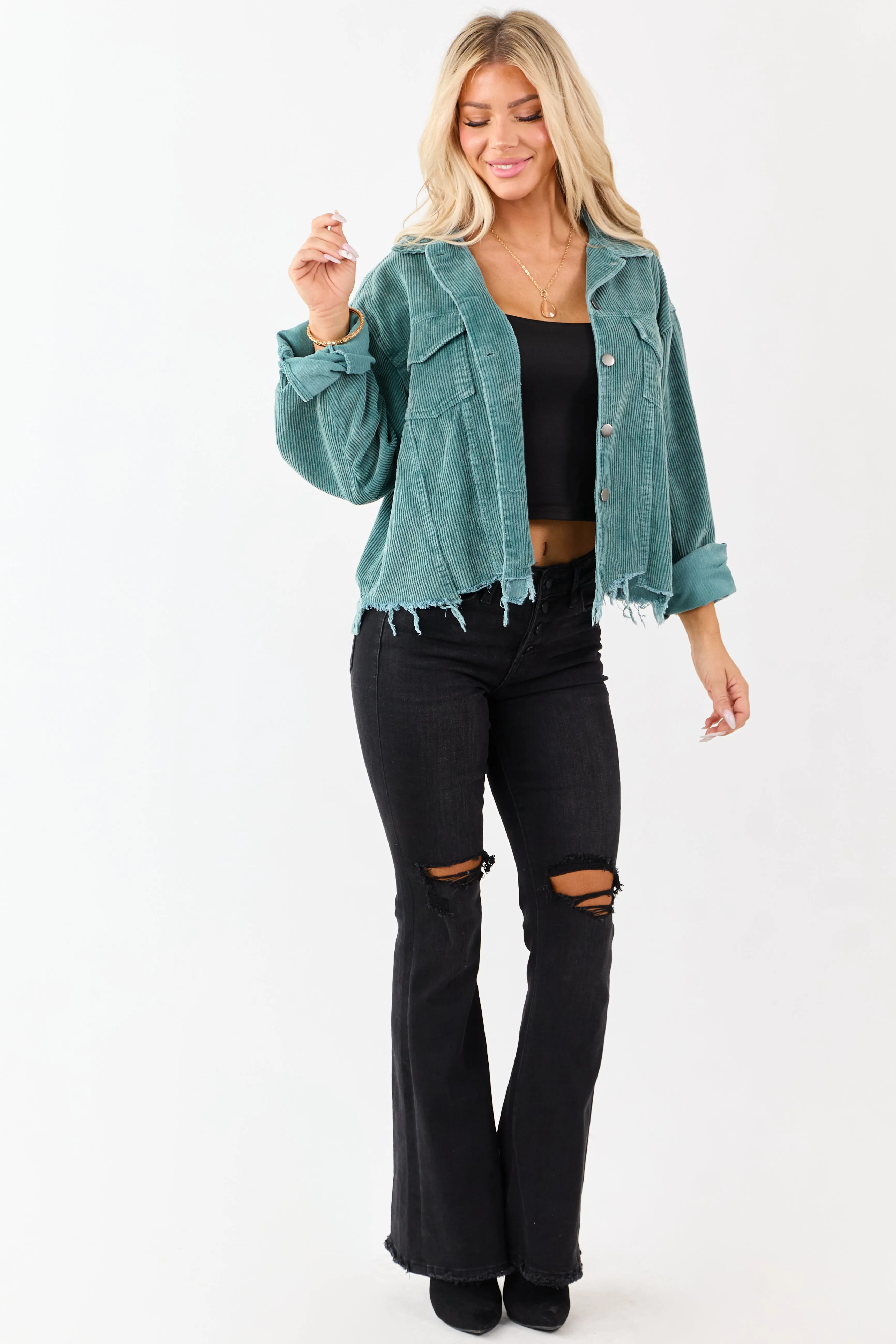 POL Teal Distressed Button Up Corduroy Jacket sold by Lime Lush product image thumbnail 2