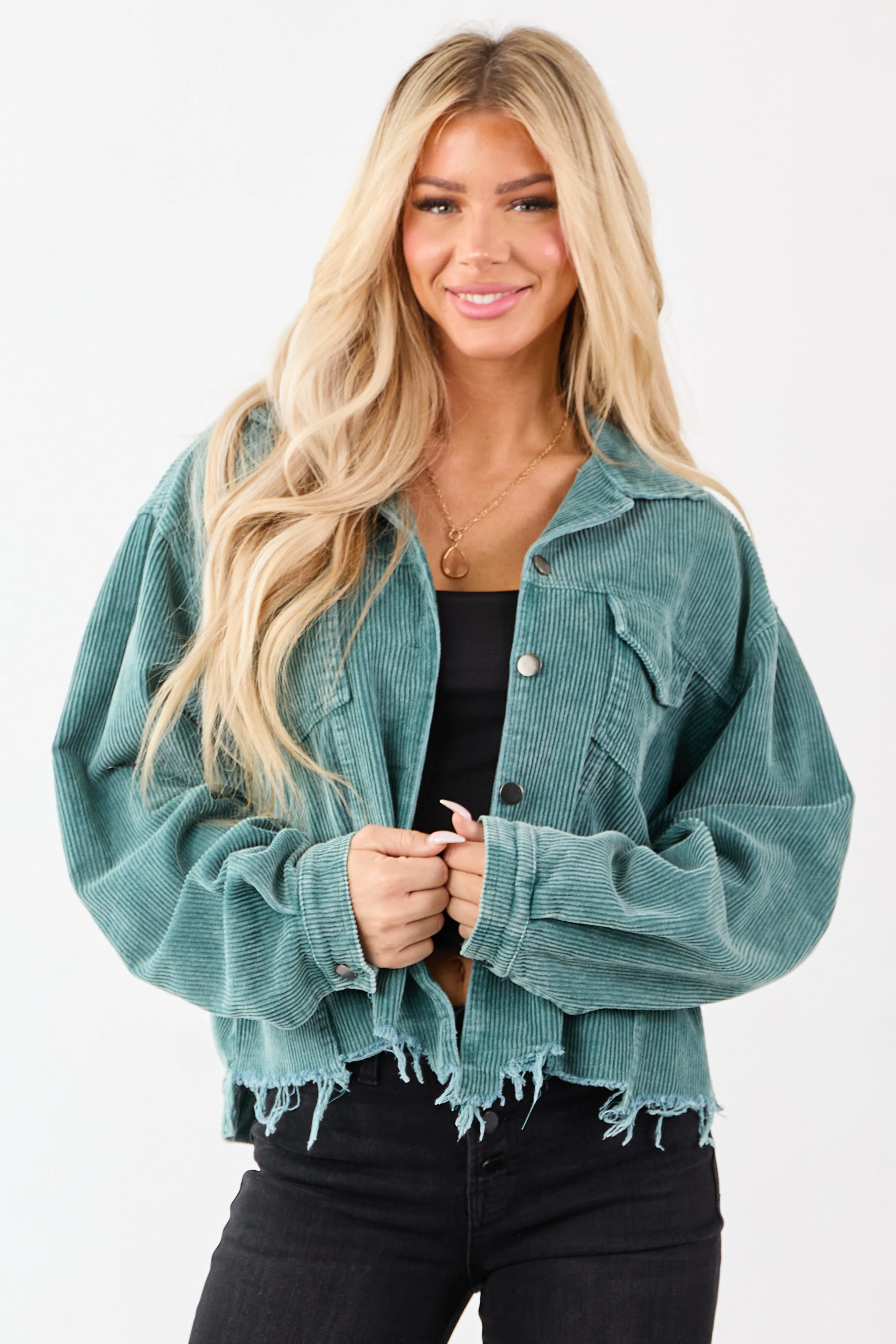 POL Teal Distressed Button Up Corduroy Jacket sold by Lime Lush