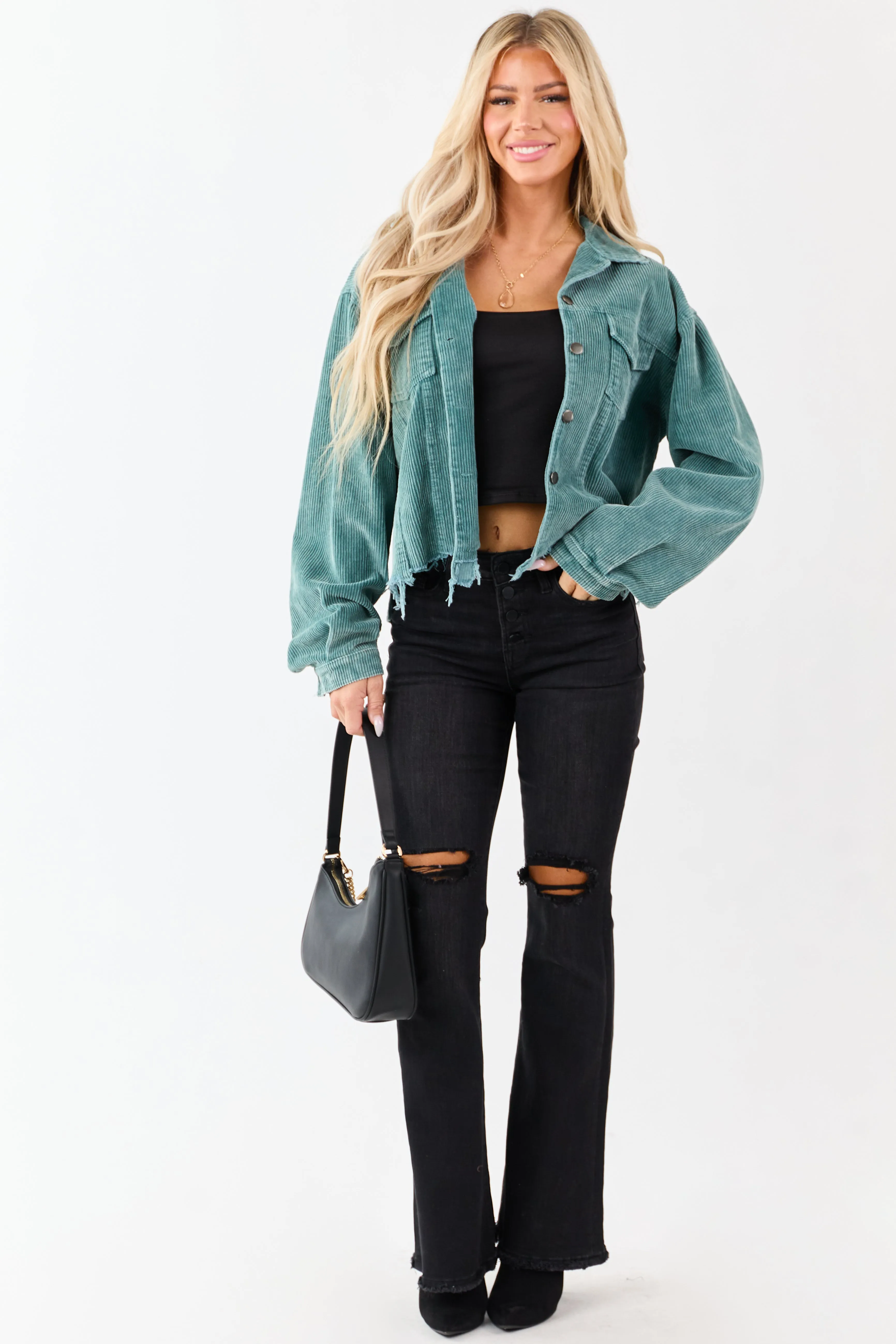 POL Teal Distressed Button Up Corduroy Jacket sold by Lime Lush product image thumbnail 3