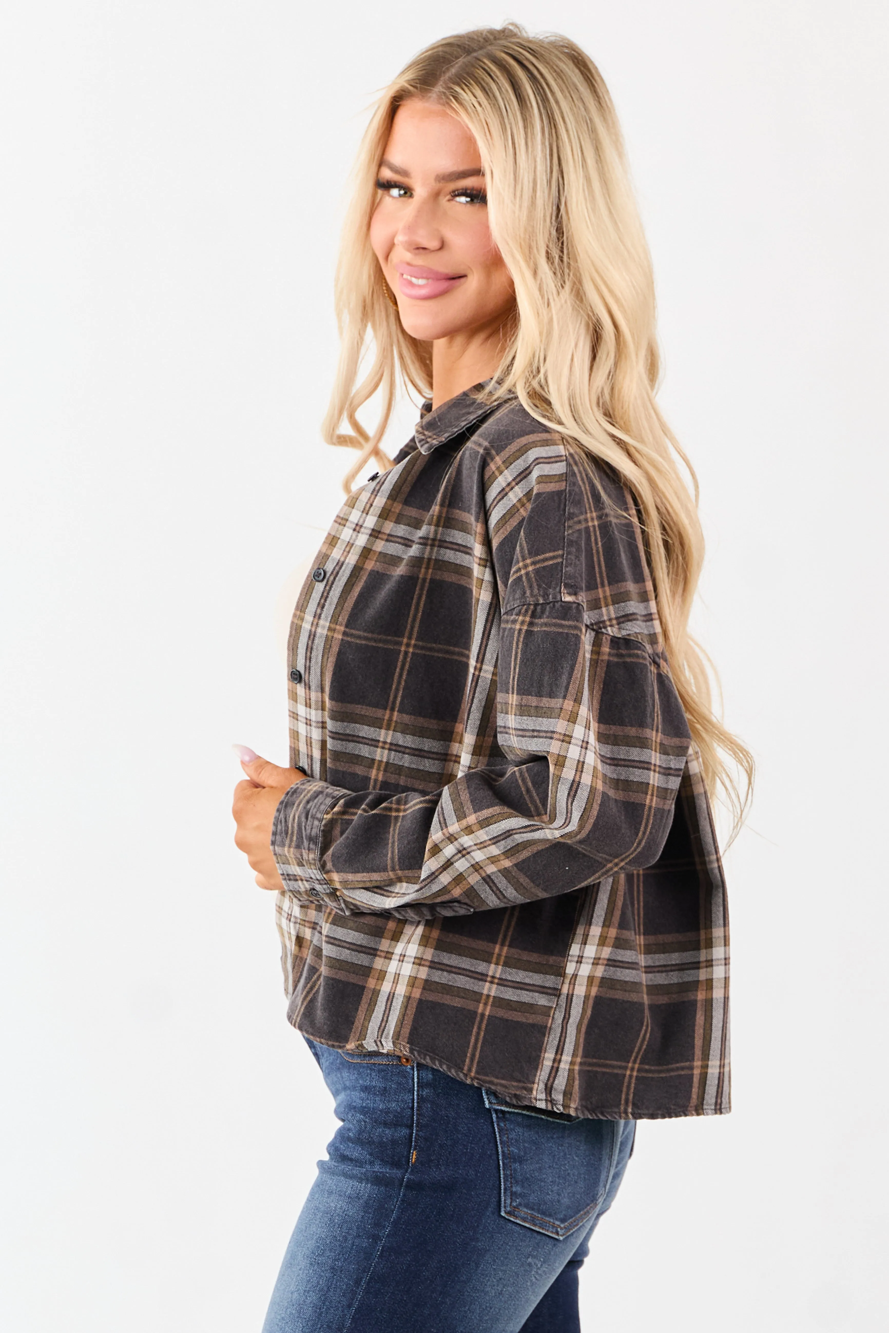 Faded Black Plaid Cotton Button Down Collared Top sold by Lime Lush product image thumbnail 5