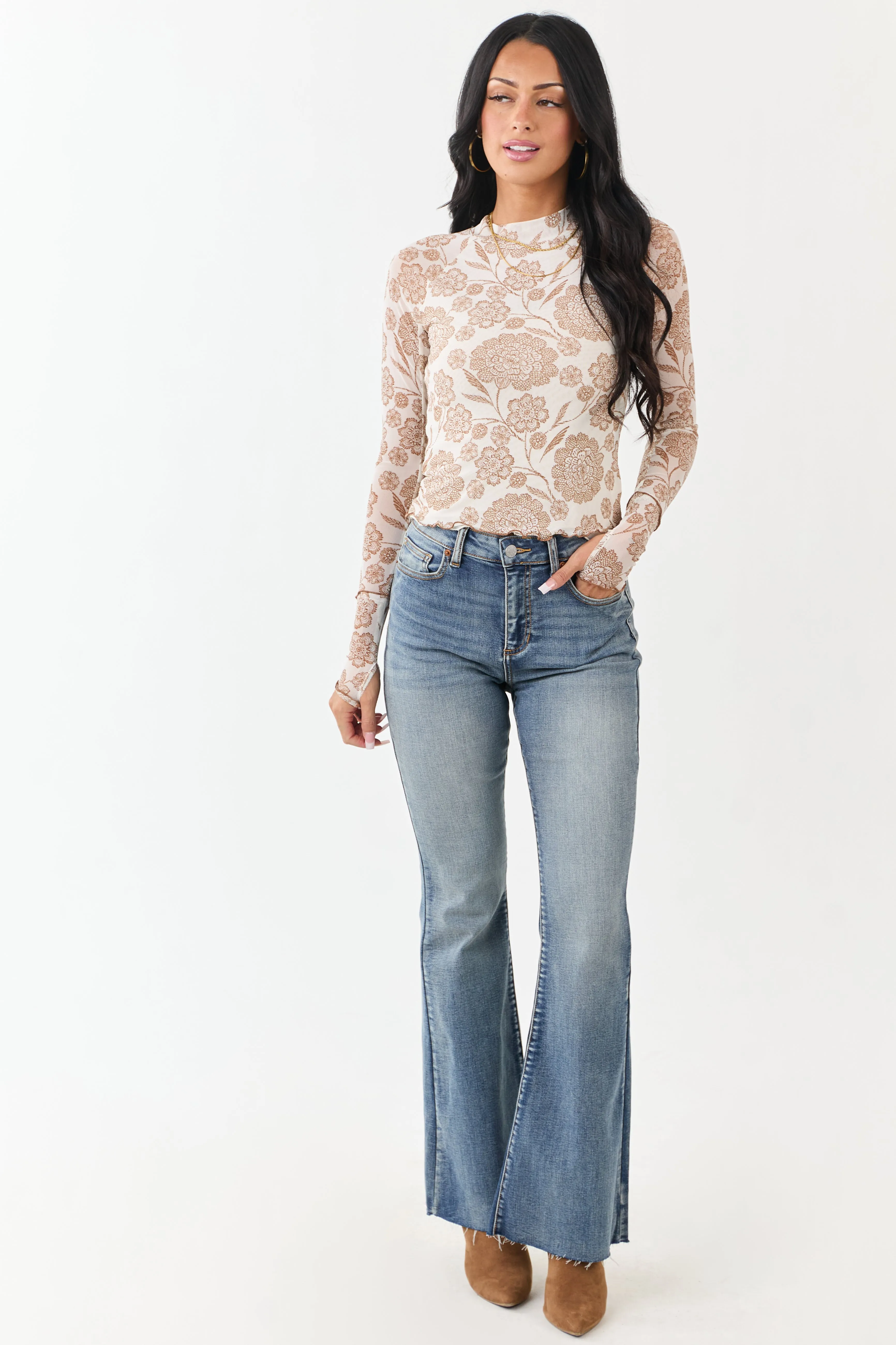 Ivory and Sepia Floral Print Mesh Mock Neck Top sold by Lime Lush product image thumbnail 3