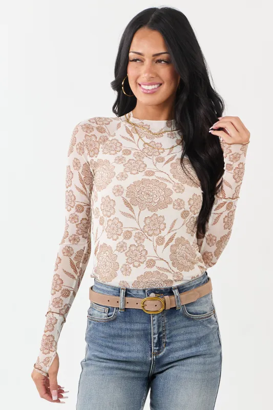Ivory and Sepia Floral Print Mesh Mock Neck Top sold by Lime Lush