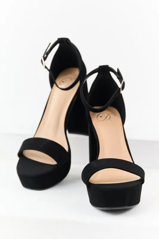 Black Faux Leather Ankle Strap Platform Heels sold by Lime Lush