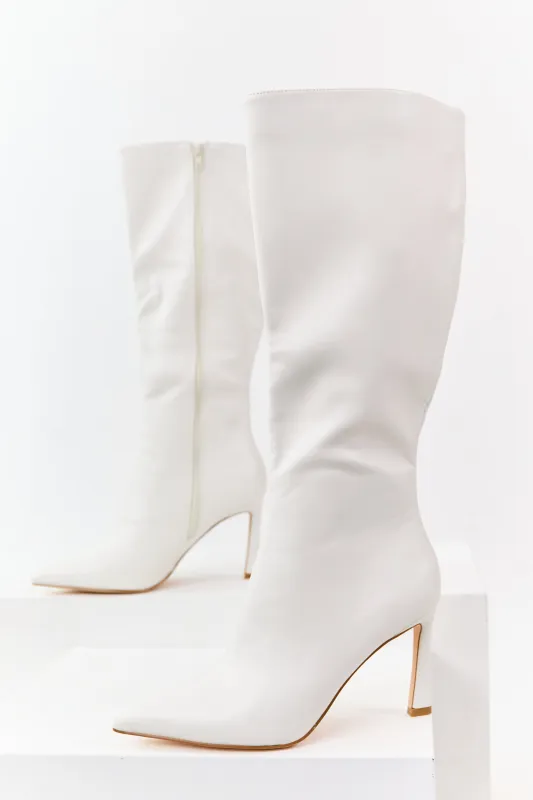Off White Faux Leather High Heel Tall Boots sold by Lime Lush