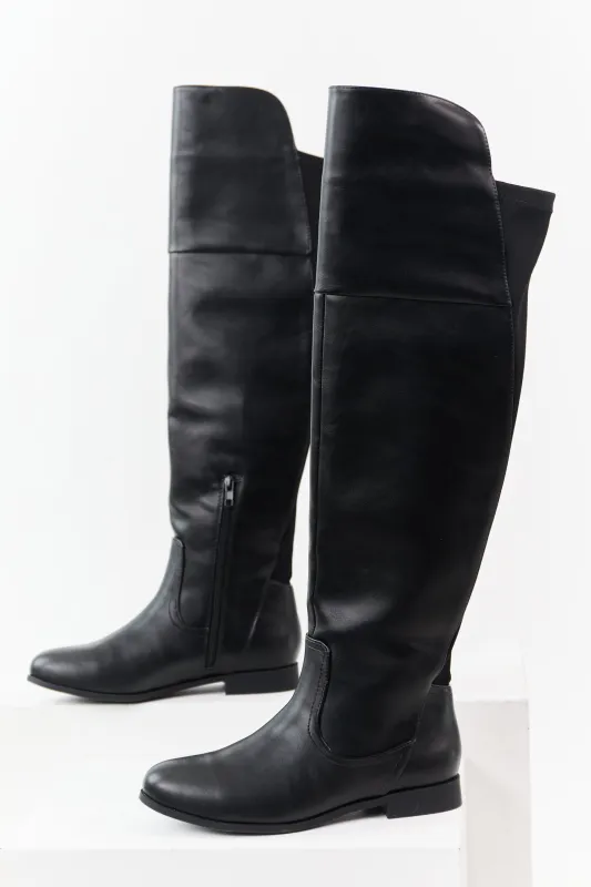 Black Faux Leather Over the Knee Round Toe Boots sold by Lime Lush