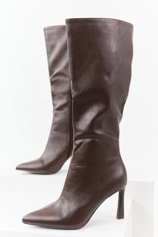 Chocolate Faux Leather High Heel Tall Boots sold by Lime Lush