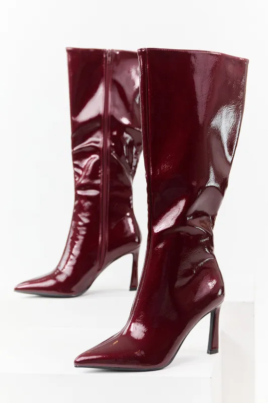 Wine Patent Faux Leather High Heel Tall Boots sold by Lime Lush