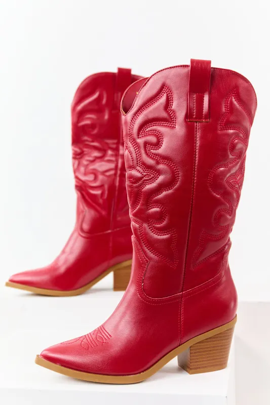 Pomegranate Faux Leather Embroidered Cowboy Boots sold by Lime Lush