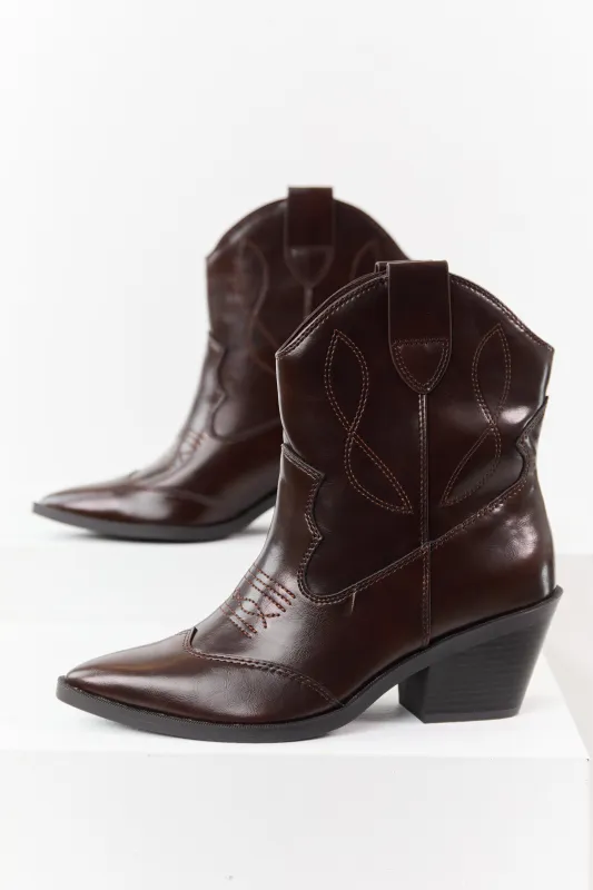 Chocolate Faux Leather Western Style Short Boots sold by Lime Lush