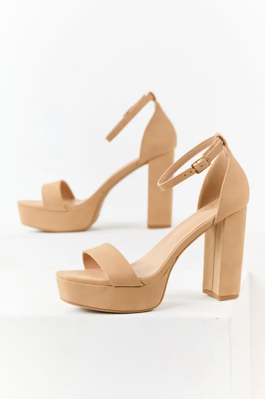 Camel Faux Leather Ankle Strap Platform Heels sold by Lime Lush