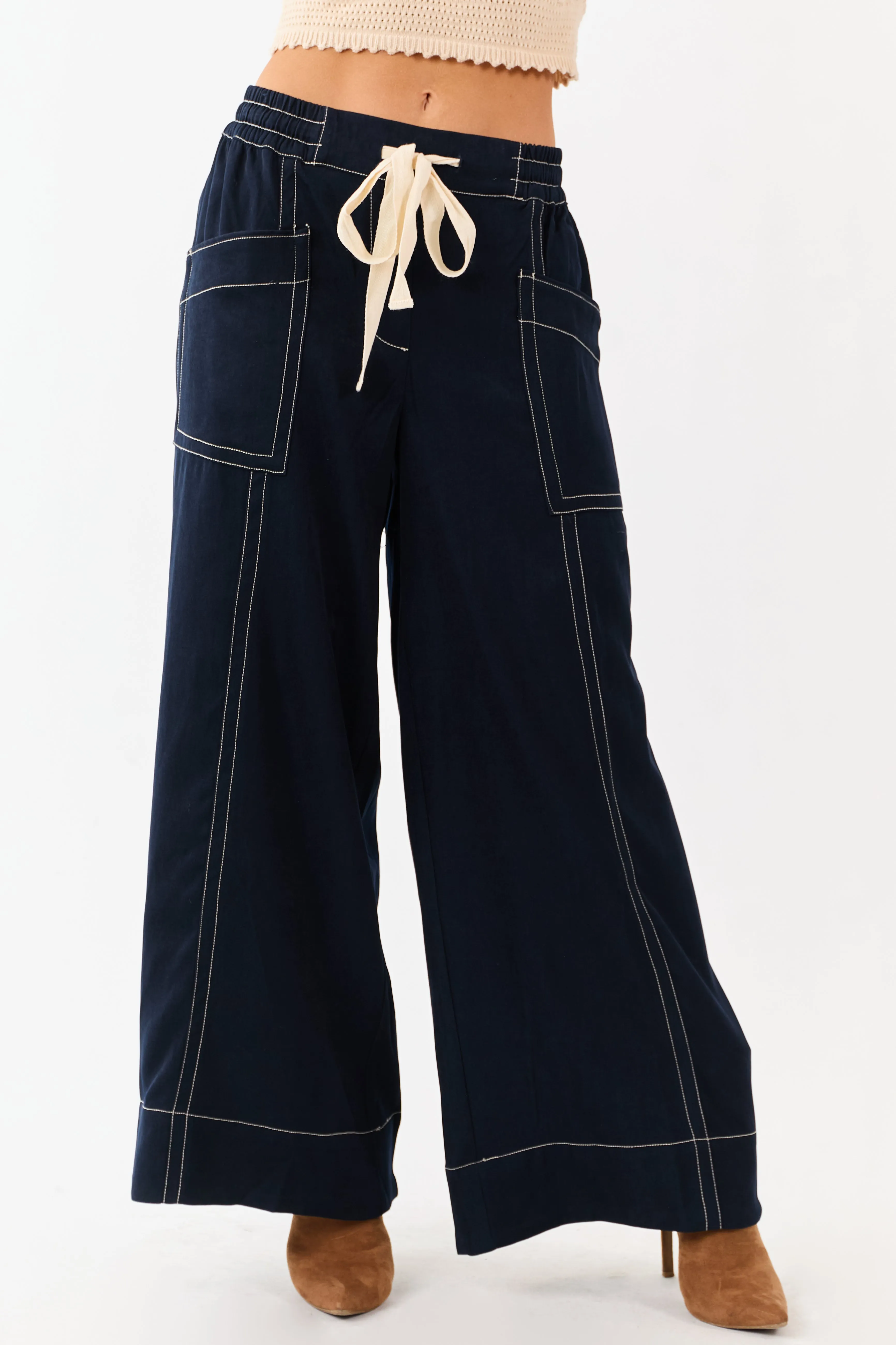Faded Navy Contrast Stitch Drawstring Wide Leg Pants sold by Lime Lush product image thumbnail 2