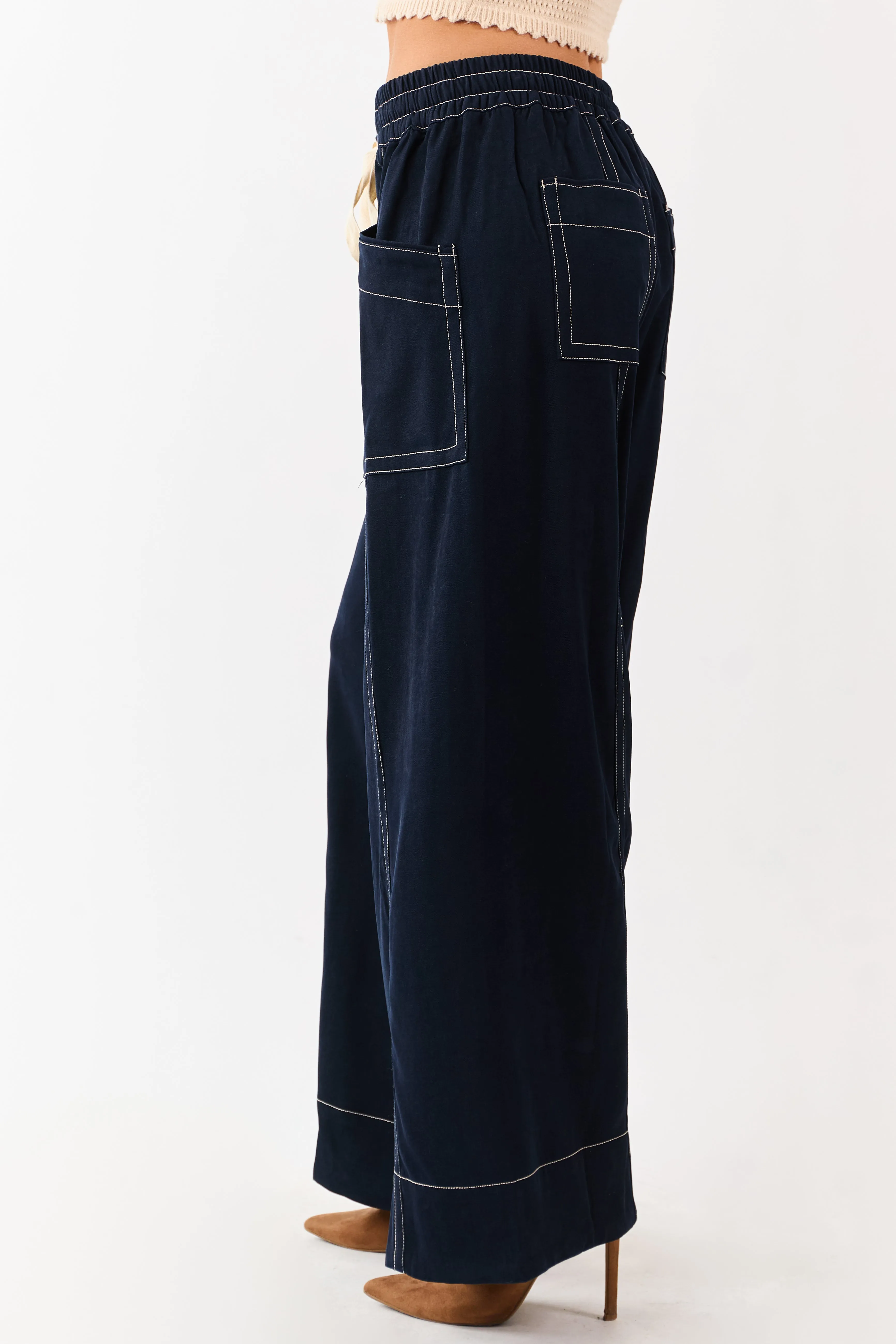 Faded Navy Contrast Stitch Drawstring Wide Leg Pants sold by Lime Lush product image thumbnail 3