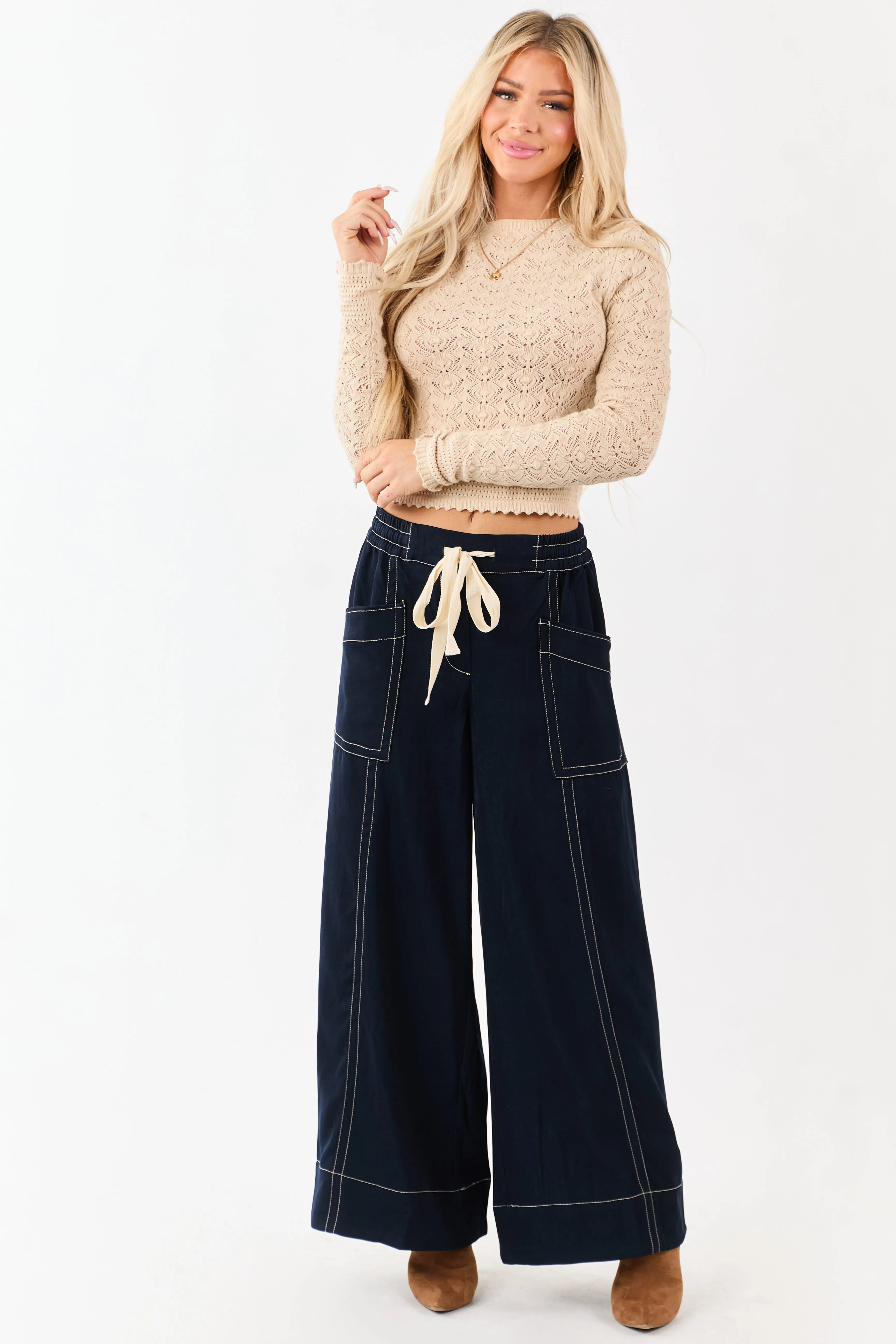 Faded Navy Contrast Stitch Drawstring Wide Leg Pants sold by Lime Lush product image thumbnail 5