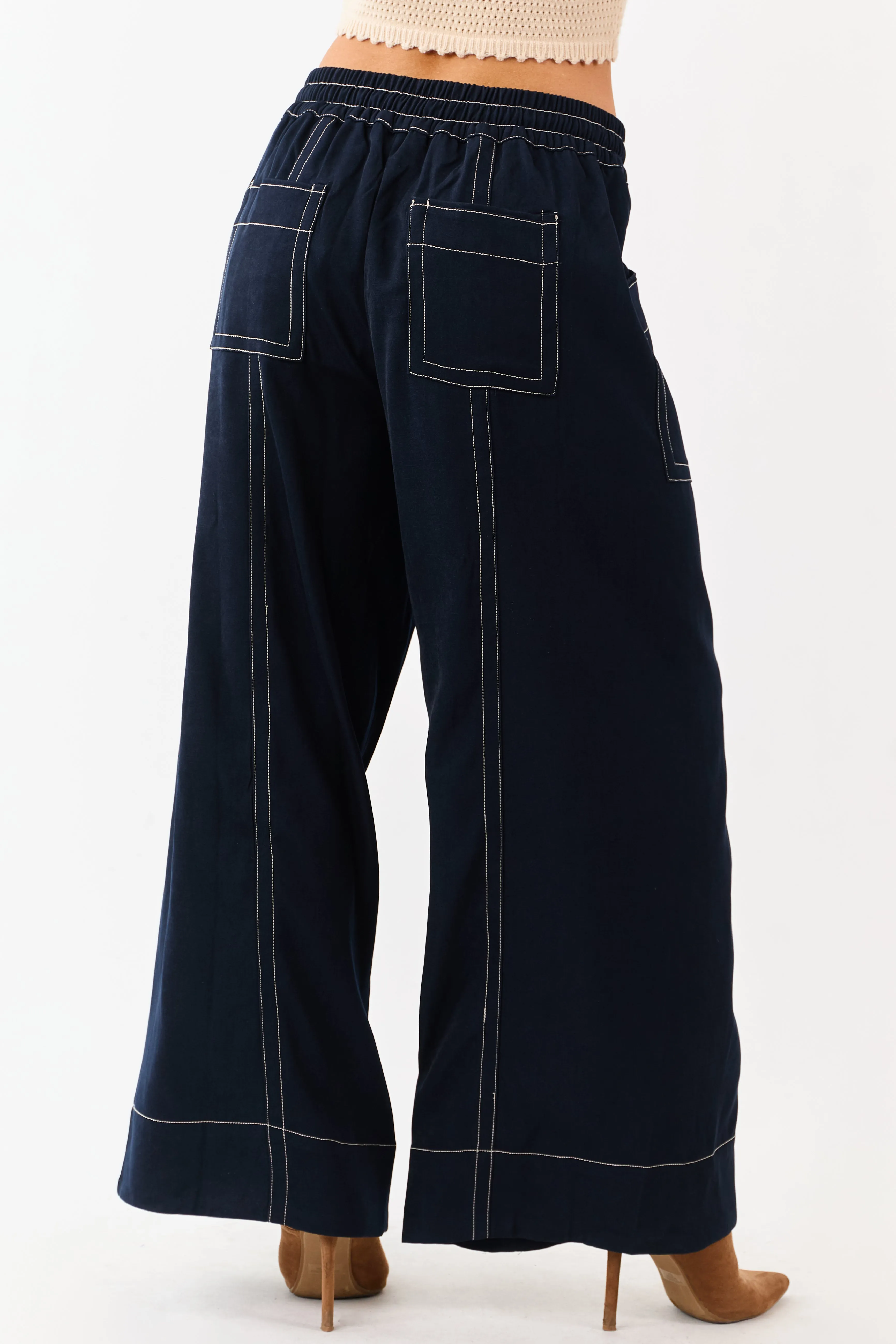 Faded Navy Contrast Stitch Drawstring Wide Leg Pants sold by Lime Lush product image thumbnail 4