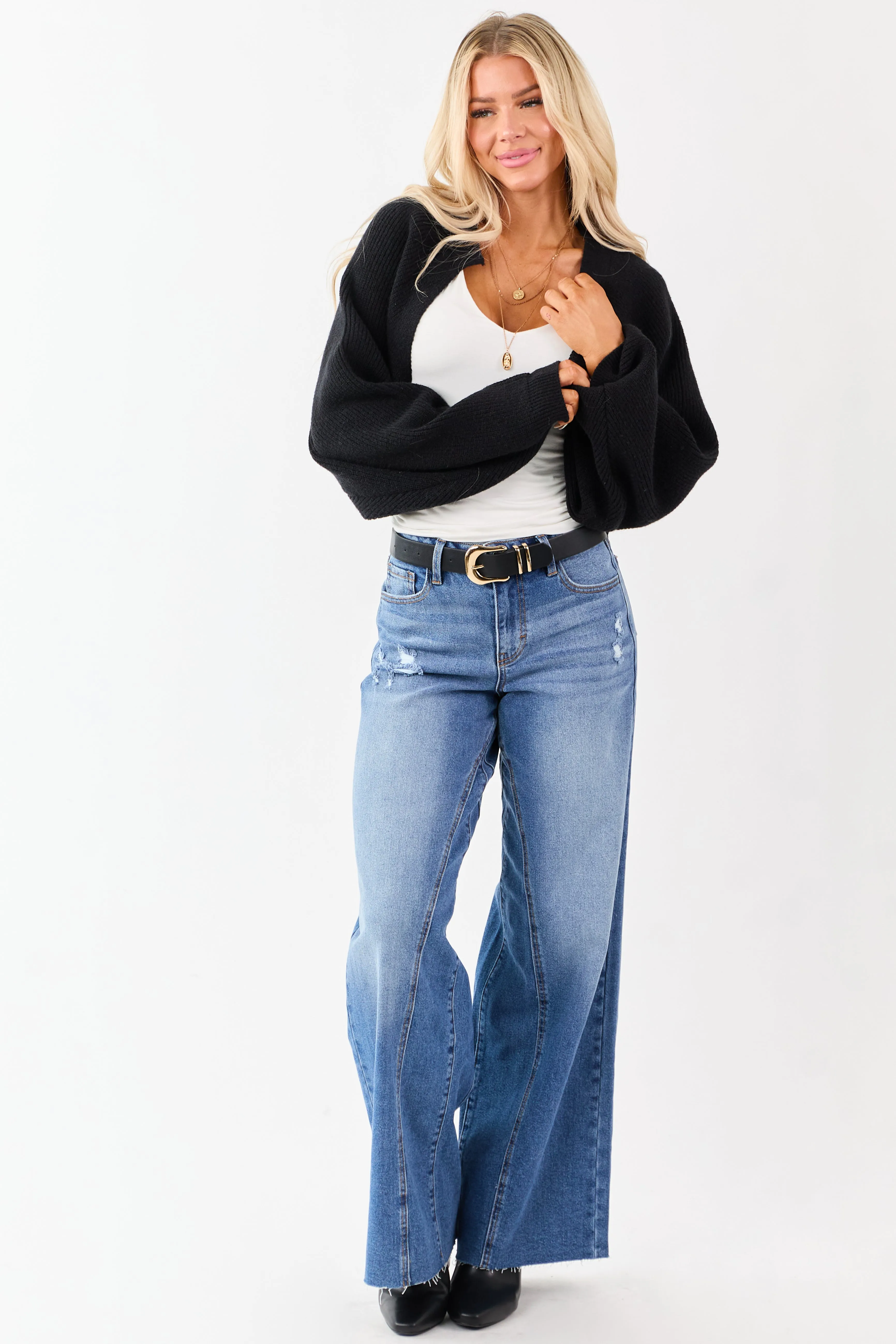 Black Rib Knit Dolman Sleeve Bolero Shrug Crop Cardigan sold by Lime Lush product image thumbnail 2