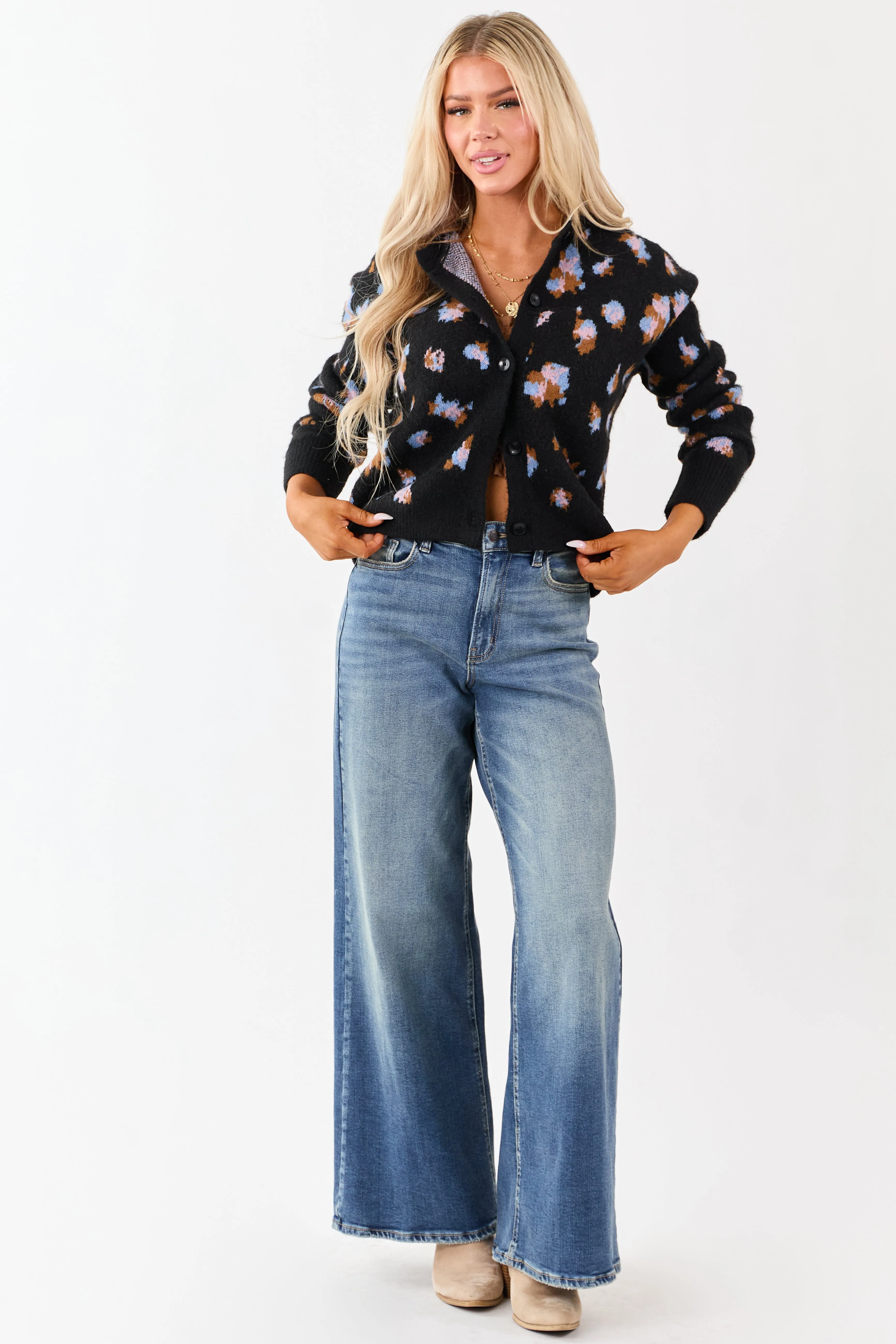 Black Floral Button Up Wool Blend Knit Cardigan sold by Lime Lush product image thumbnail 3
