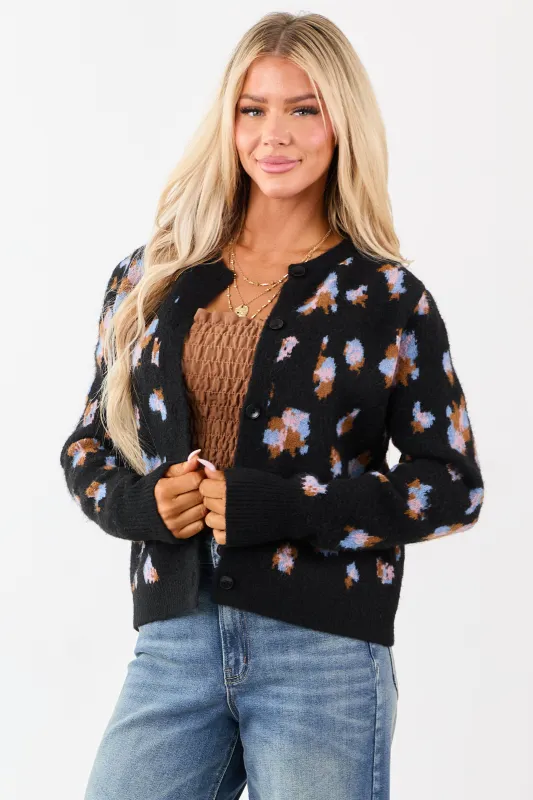Black Floral Button Up Wool Blend Knit Cardigan sold by Lime Lush