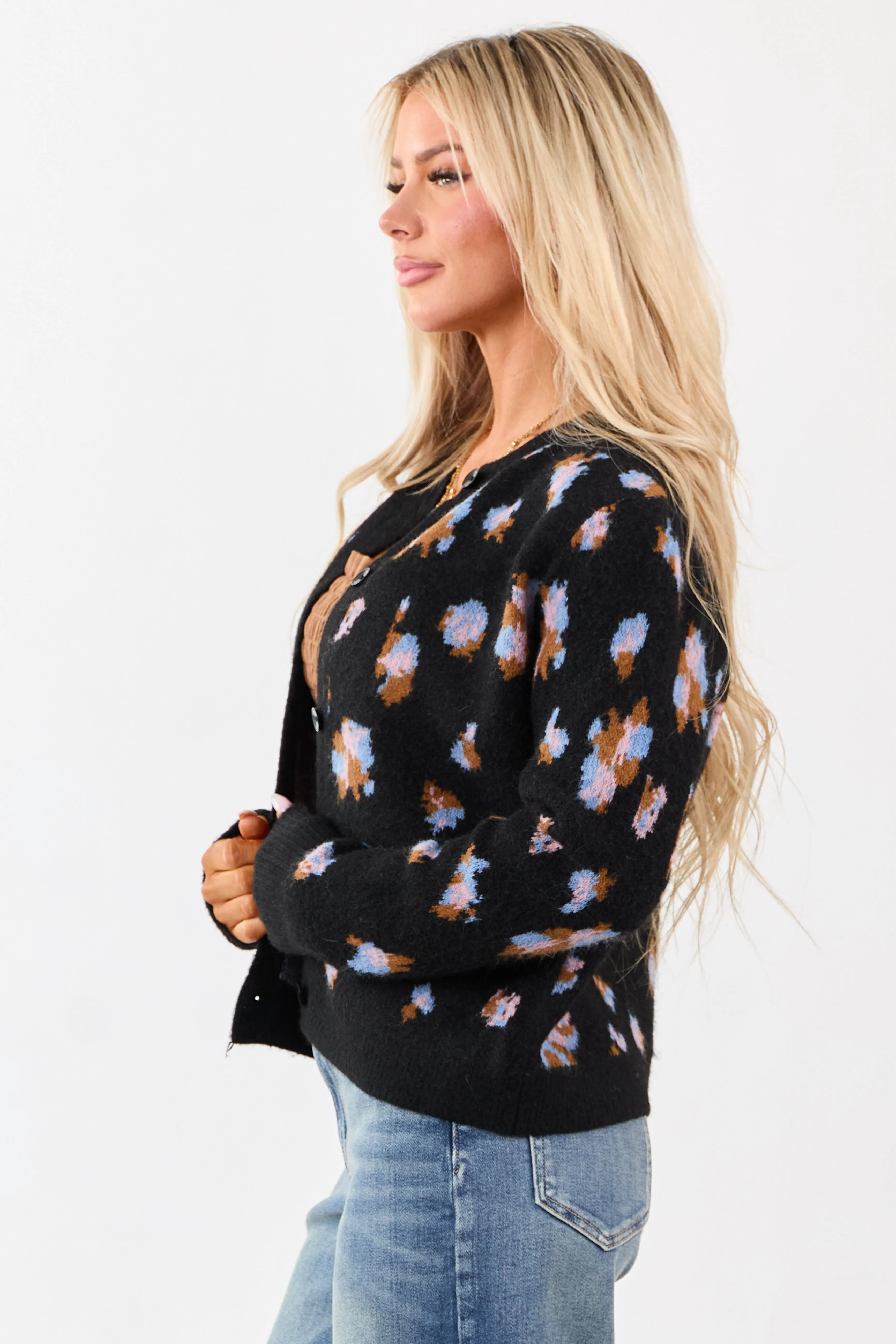Black Floral Button Up Wool Blend Knit Cardigan sold by Lime Lush product image thumbnail 4