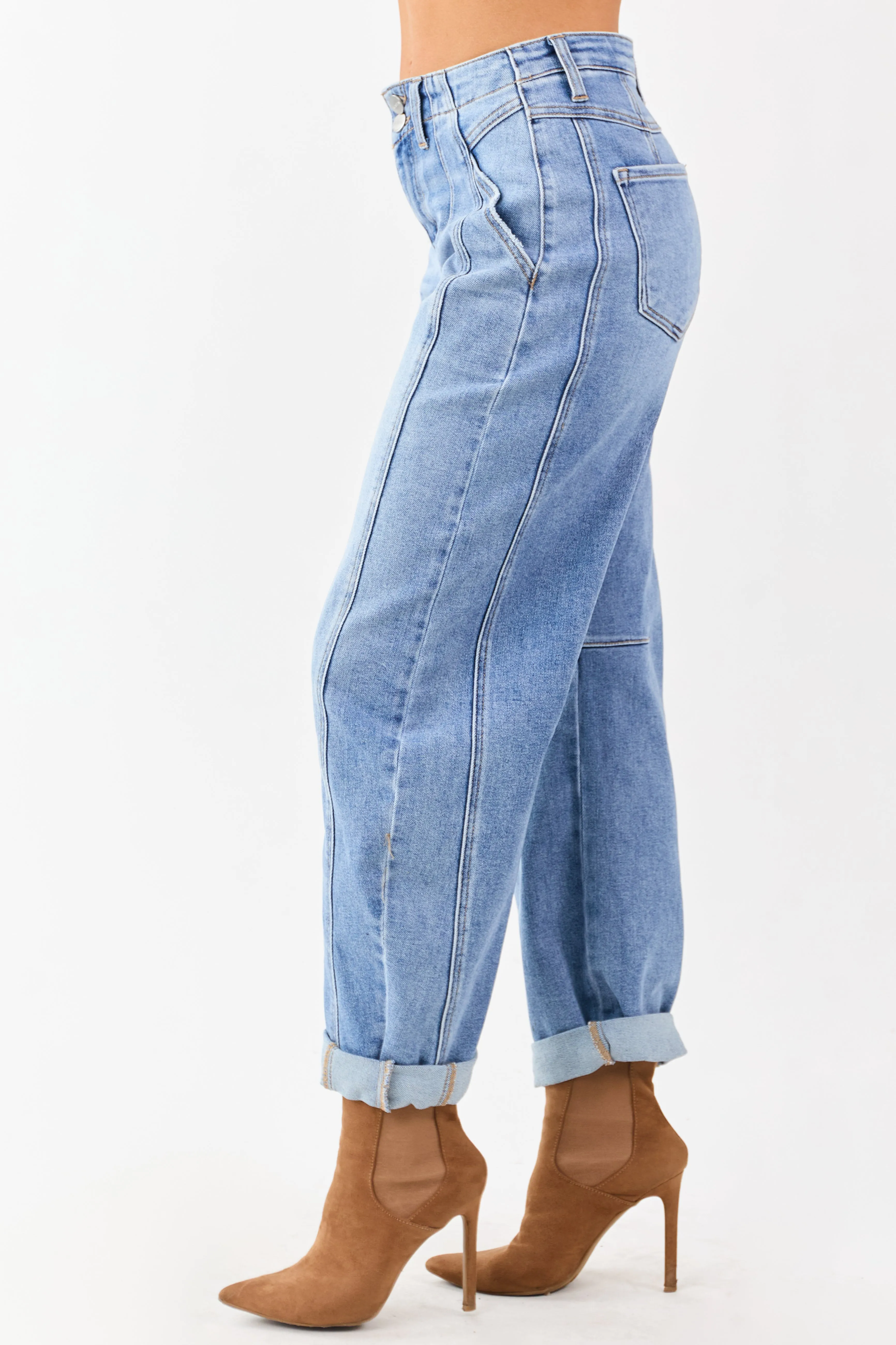 Risen Medium Wash Stretchy Cuffed Barrel Jeans sold by Lime Lush product image thumbnail 3