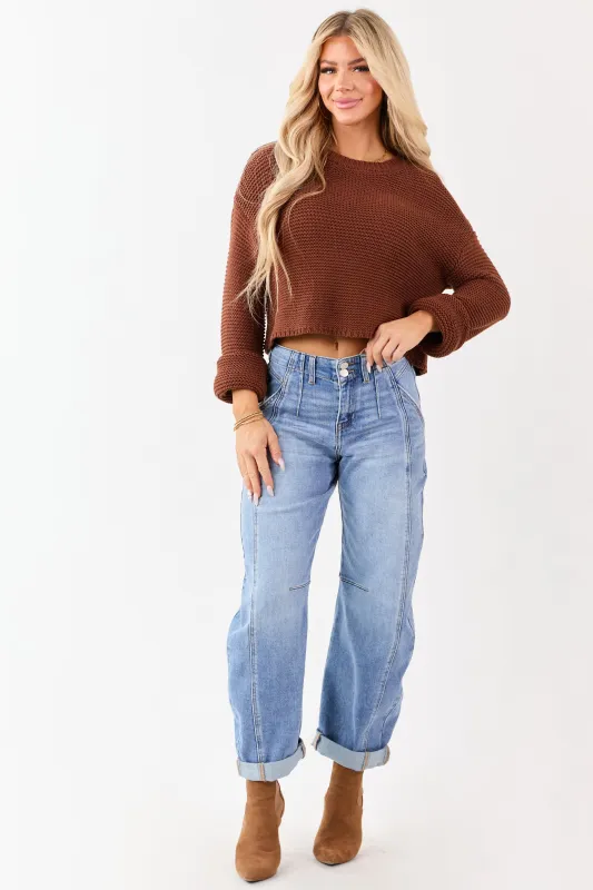 Risen Medium Wash Stretchy Cuffed Barrel Jeans sold by Lime Lush