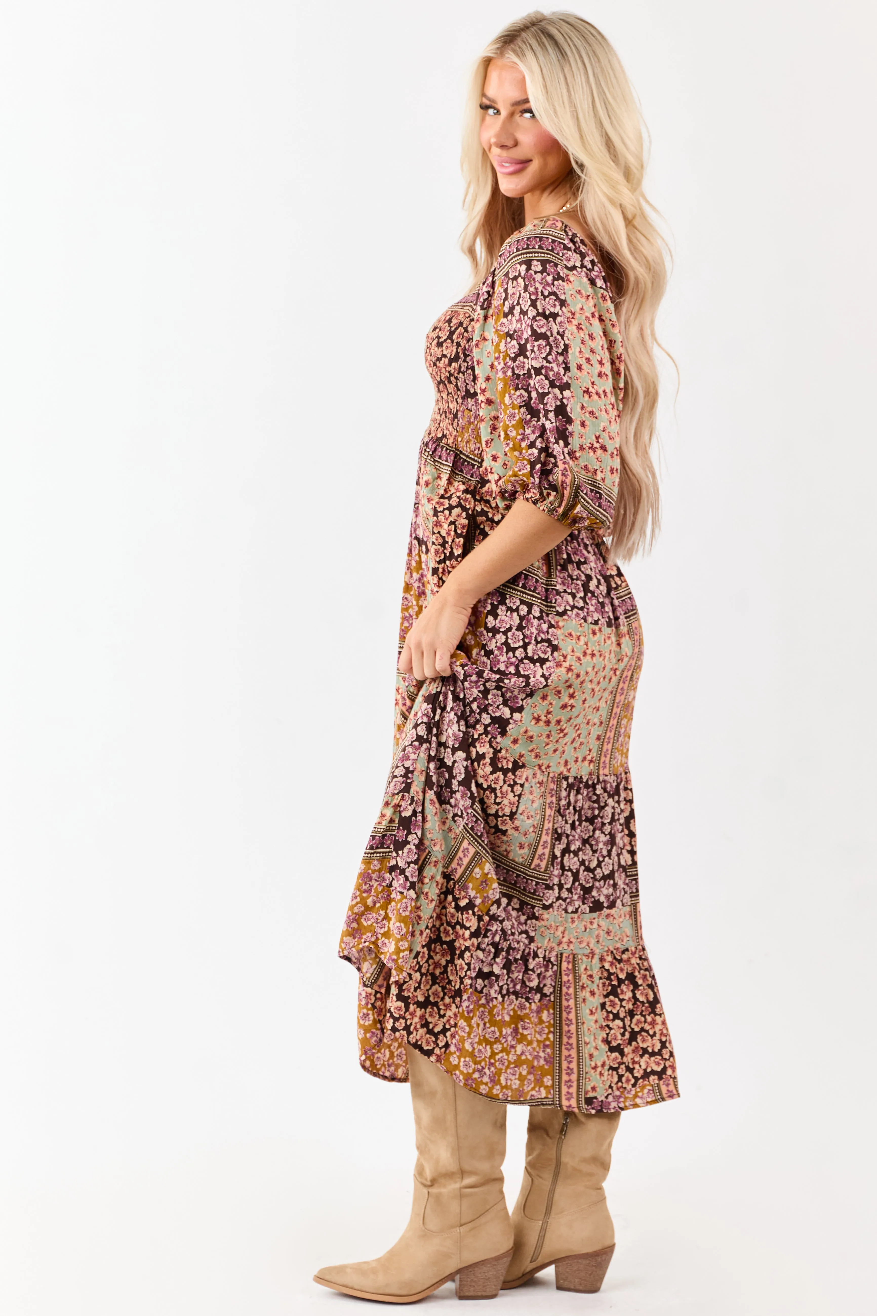 Cocoa Boho Floral Print Smocked Bodice Midi Dress sold by Lime Lush product image thumbnail 5