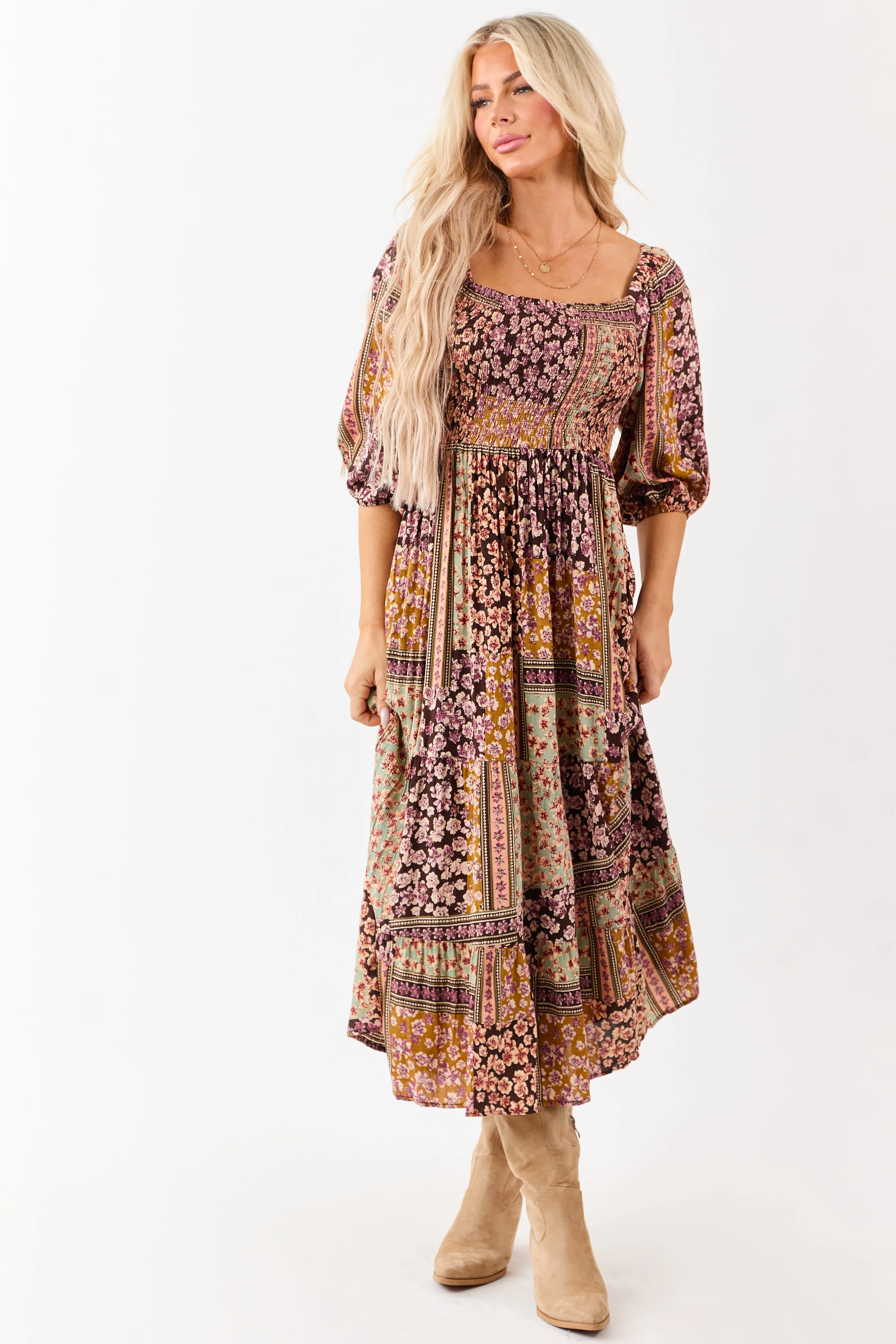 Cocoa Boho Floral Print Smocked Bodice Midi Dress sold by Lime Lush product image thumbnail 3
