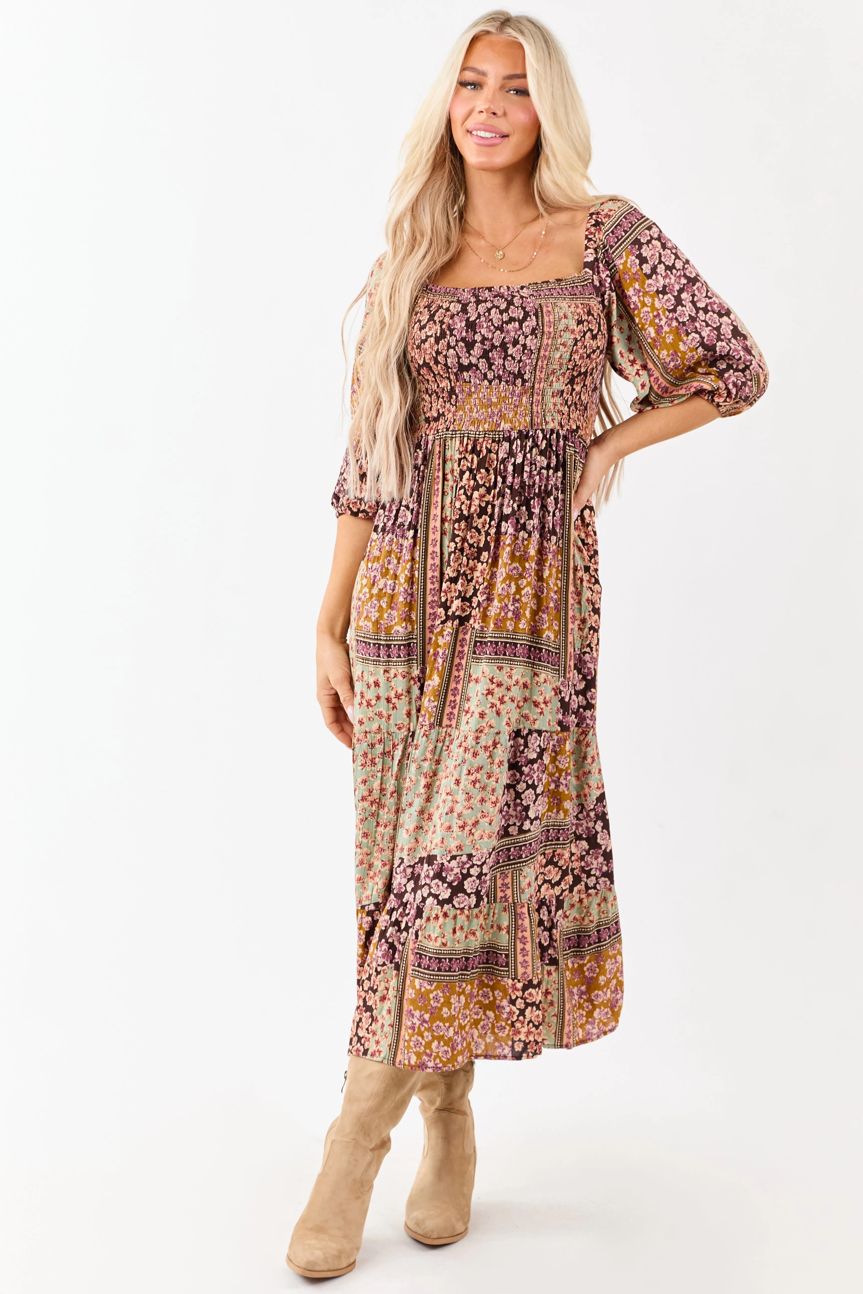 Cocoa Boho Floral Print Smocked Bodice Midi Dress sold by Lime Lush product image thumbnail 2
