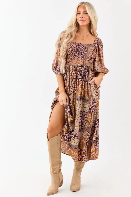 Cocoa Boho Floral Print Smocked Bodice Midi Dress sold by Lime Lush