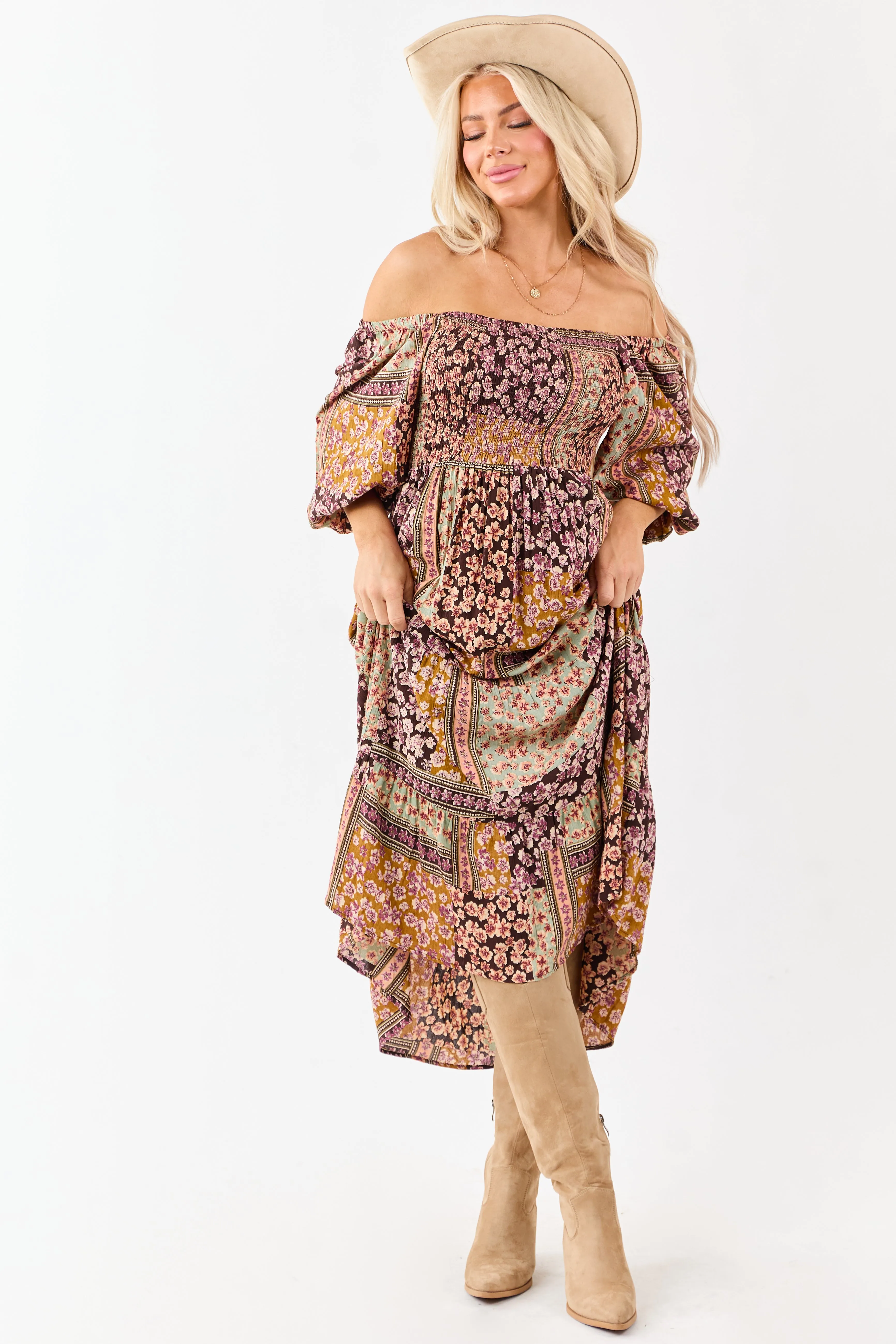 Cocoa Boho Floral Print Smocked Bodice Midi Dress sold by Lime Lush product image thumbnail 4