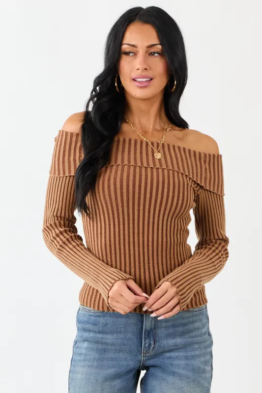 Brown Sugar Off the Shoulder Fitted Rib Knit Top sold by Lime Lush
