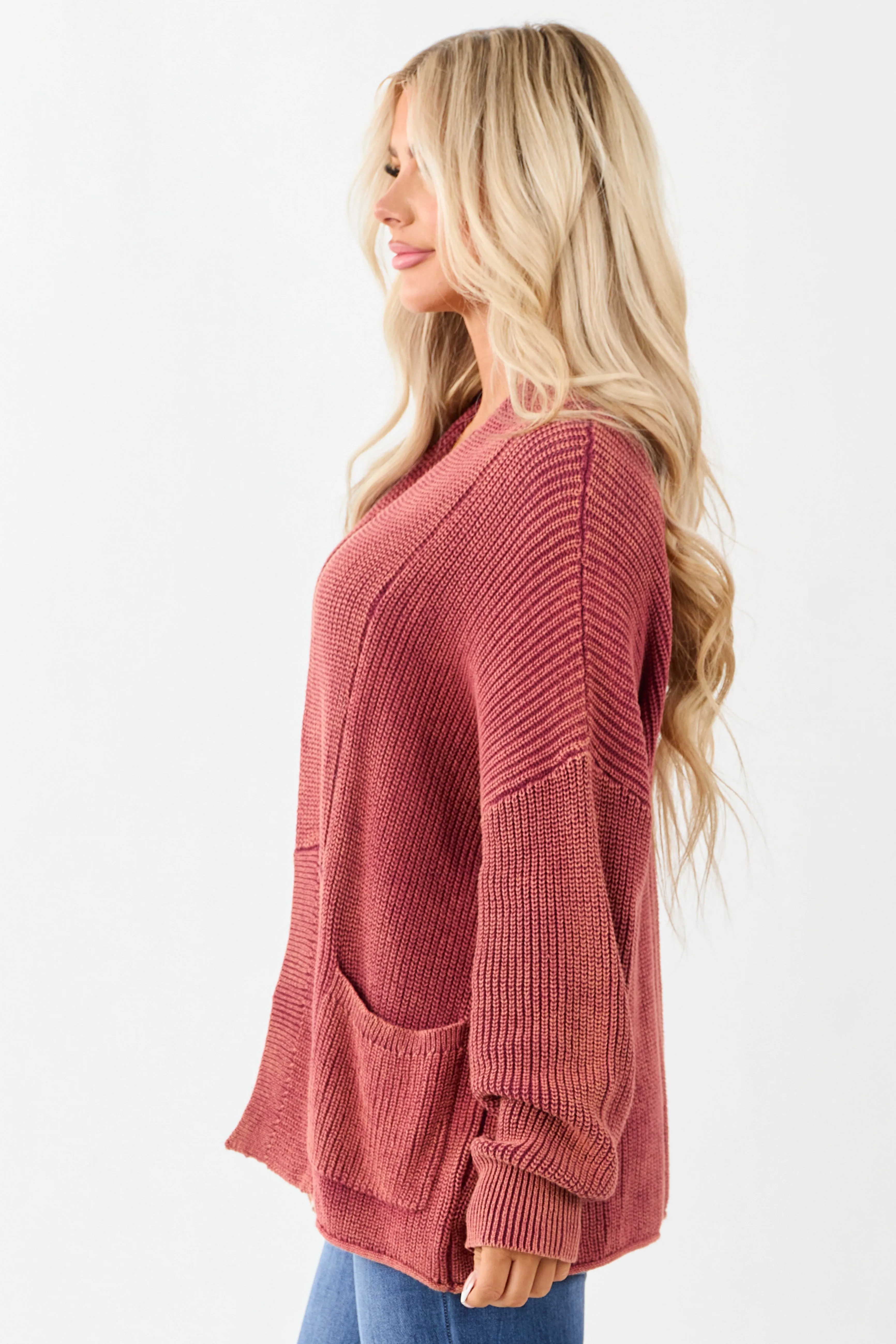 Wine Mineral Wash Open Front Cotton Sweater Cardigan sold by Lime Lush product image thumbnail 3