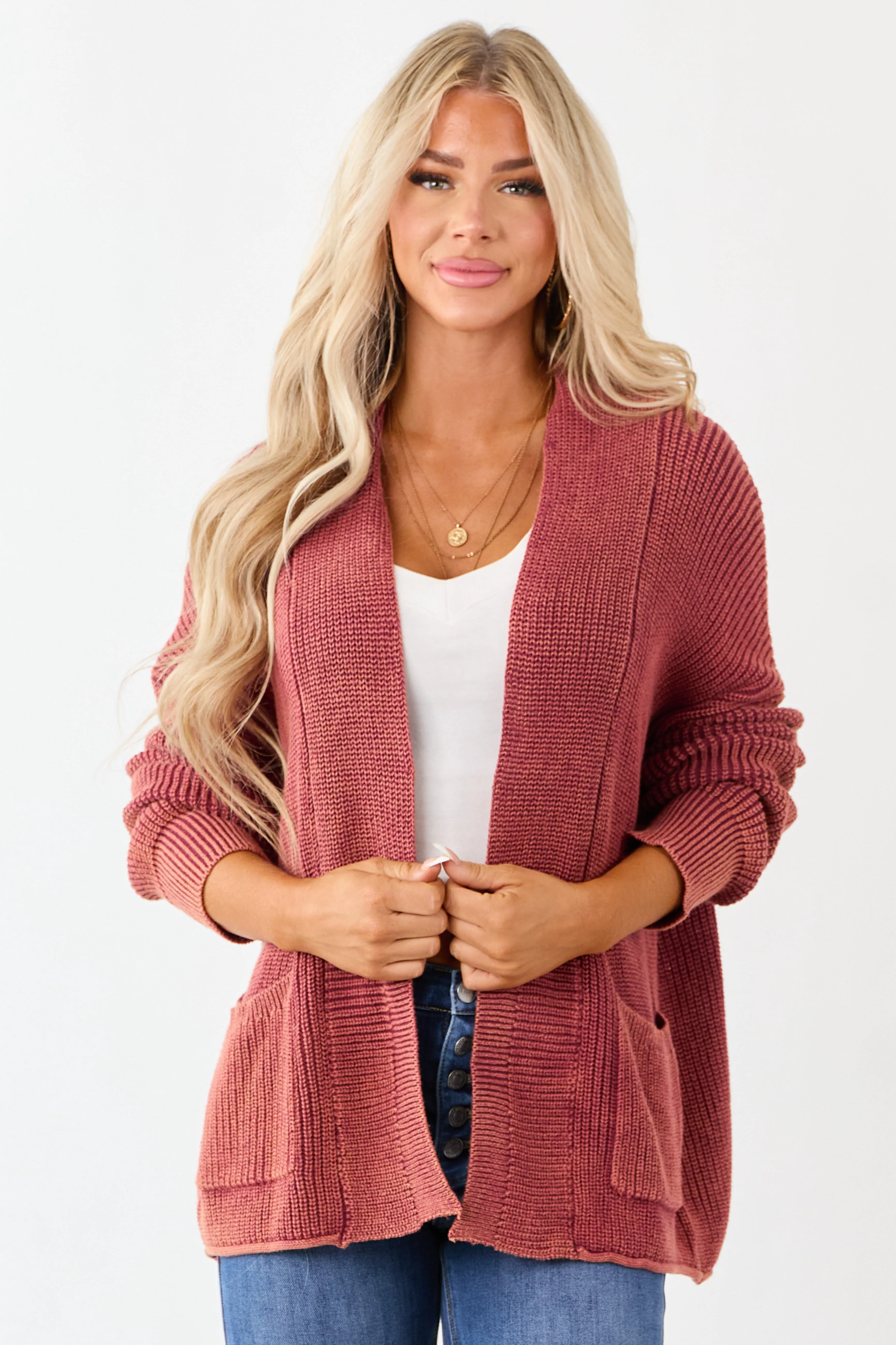 Wine Mineral Wash Open Front Cotton Sweater Cardigan sold by Lime Lush