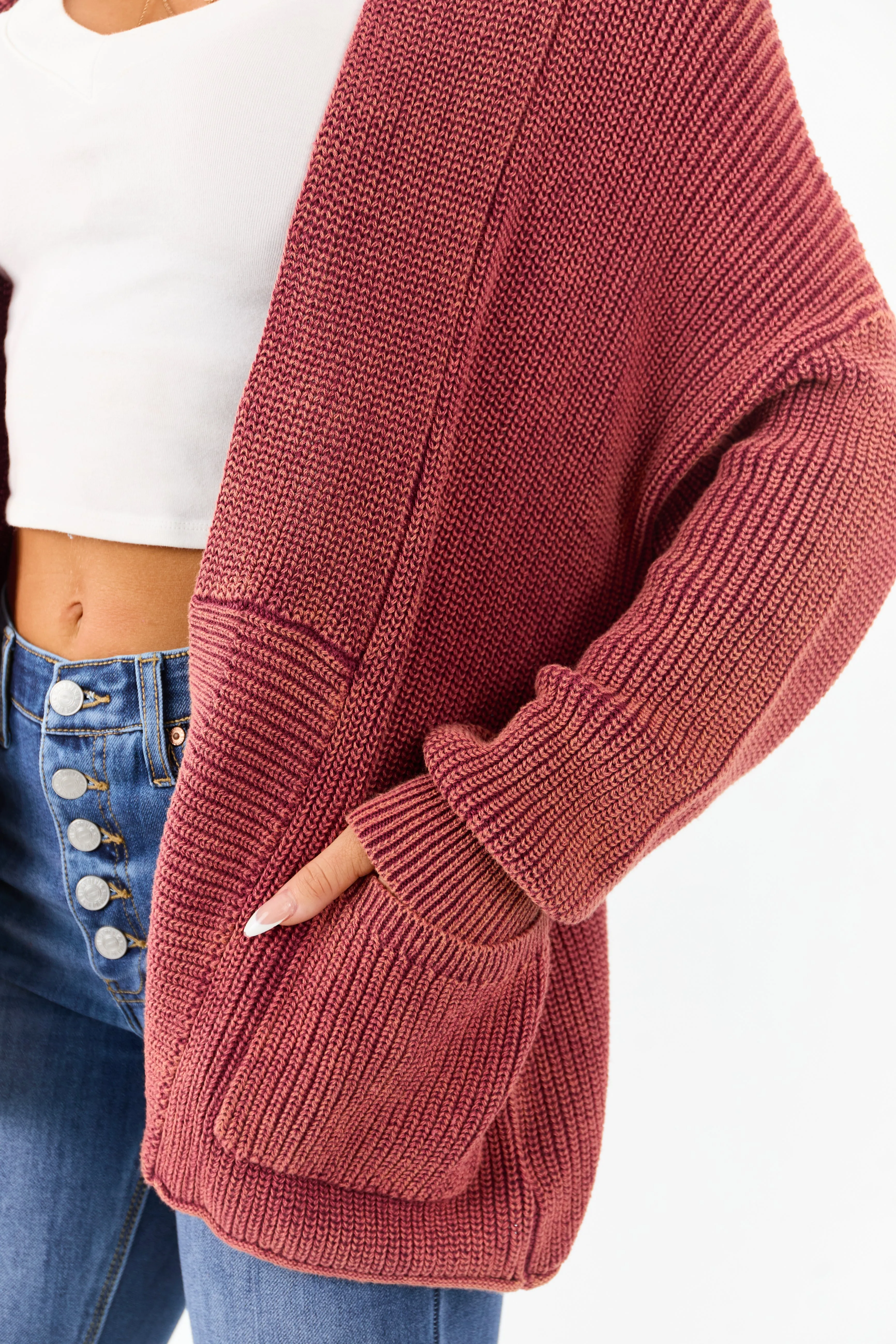 Wine Mineral Wash Open Front Cotton Sweater Cardigan sold by Lime Lush product image thumbnail 5