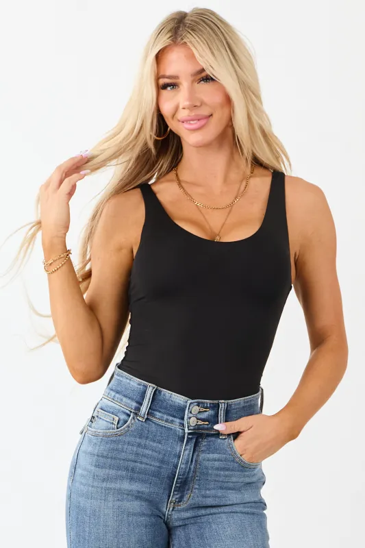 Black Double Layered Scoop Neck Tank Bodysuit sold by Lime Lush