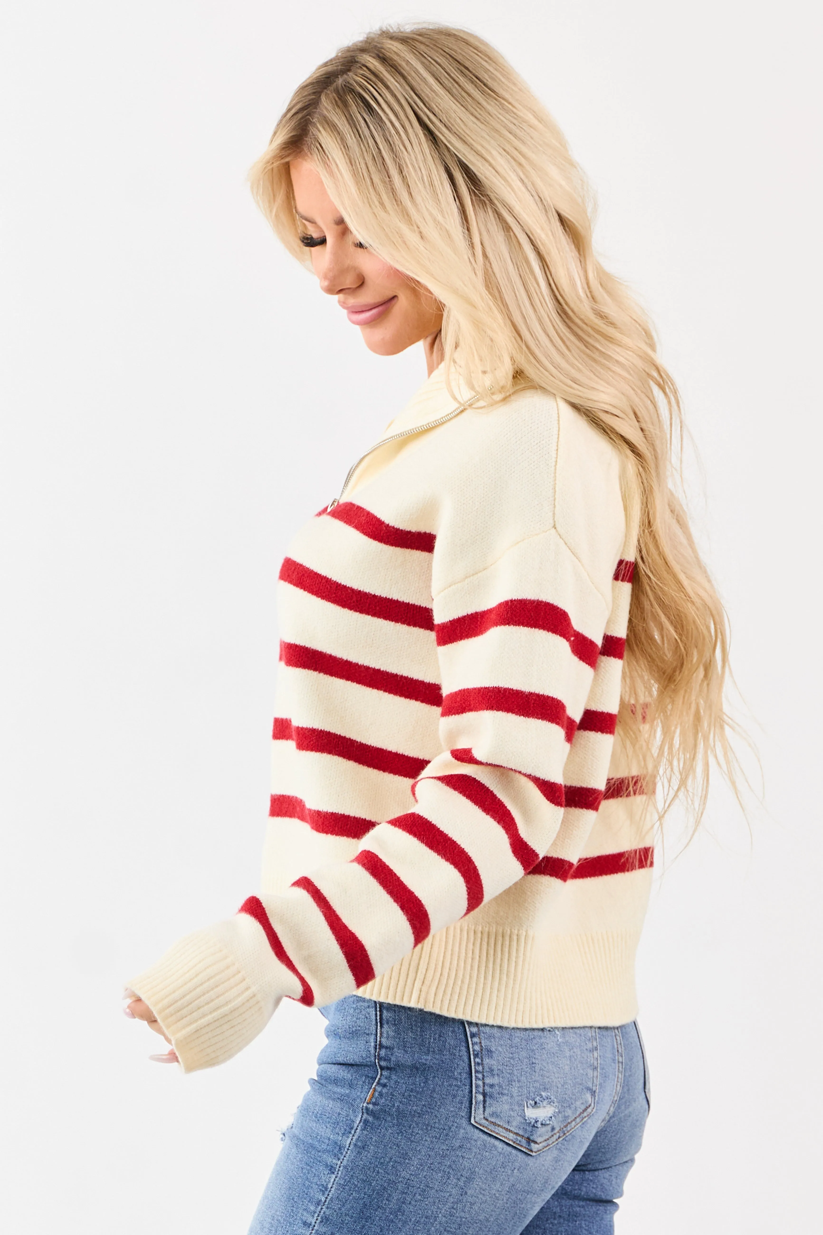 Cream and Cherry Striped Half Zip Up Knit Sweater sold by Lime Lush product image thumbnail 4