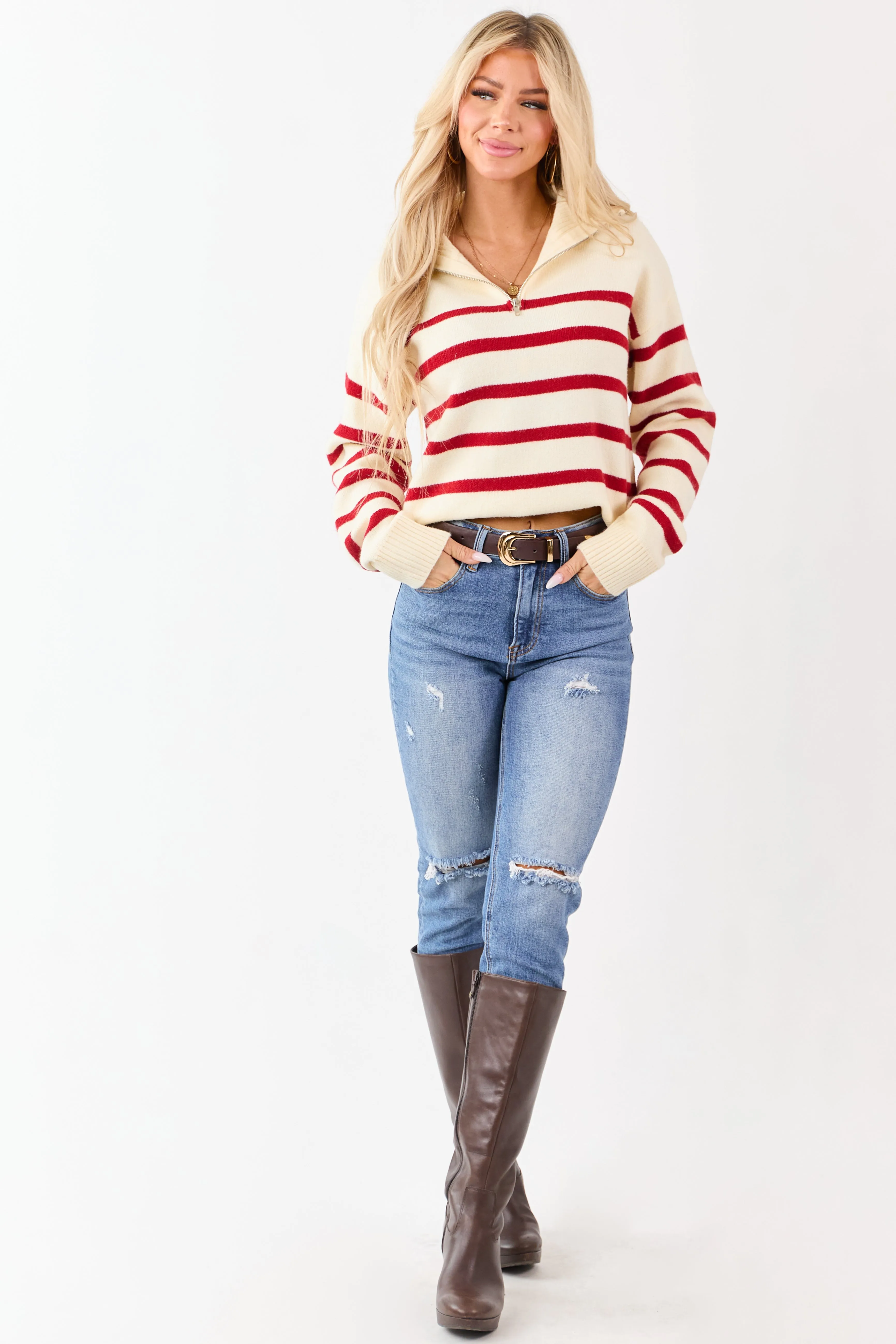 Cream and Cherry Striped Half Zip Up Knit Sweater sold by Lime Lush product image thumbnail 2