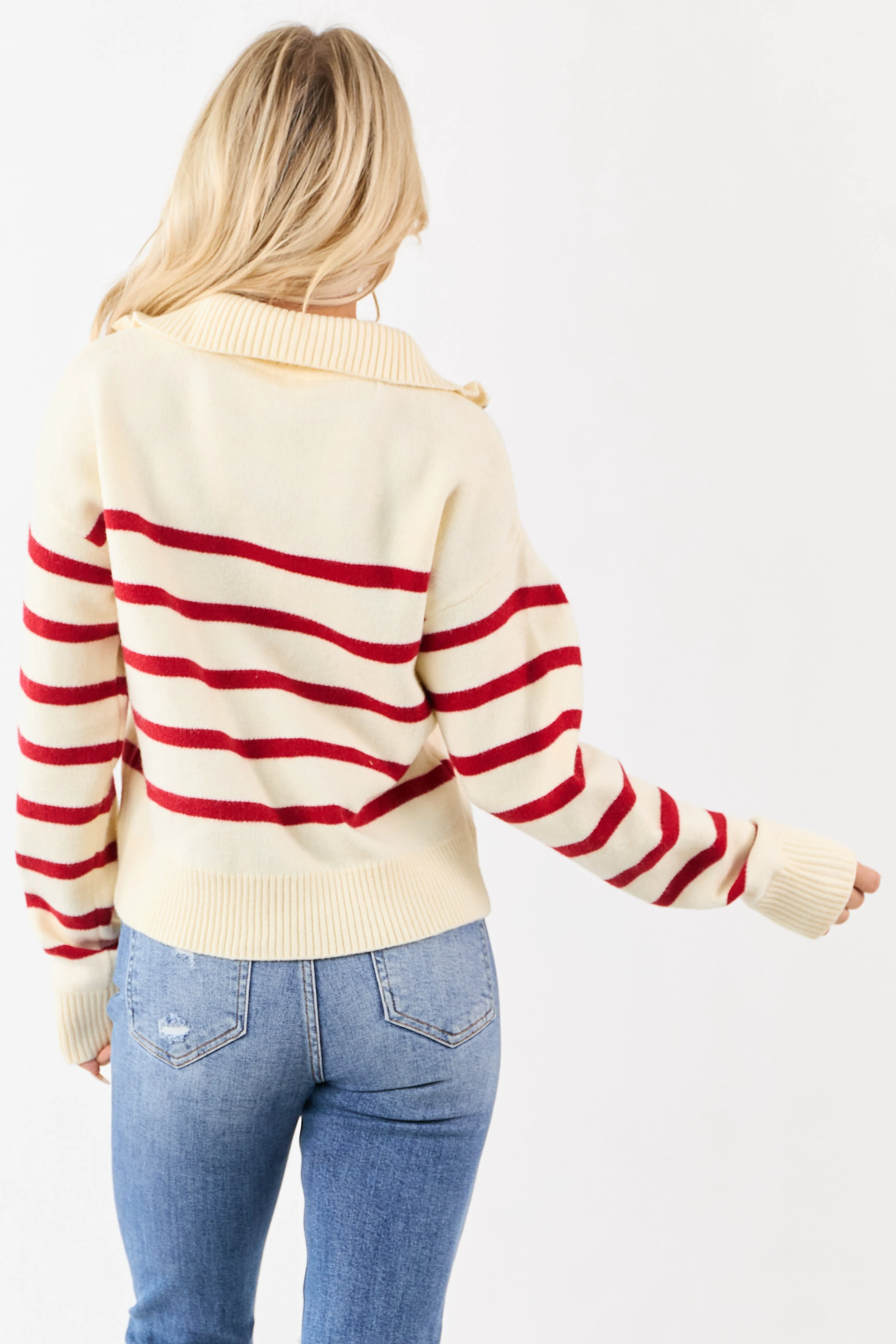 Cream and Cherry Striped Half Zip Up Knit Sweater sold by Lime Lush product image thumbnail 5