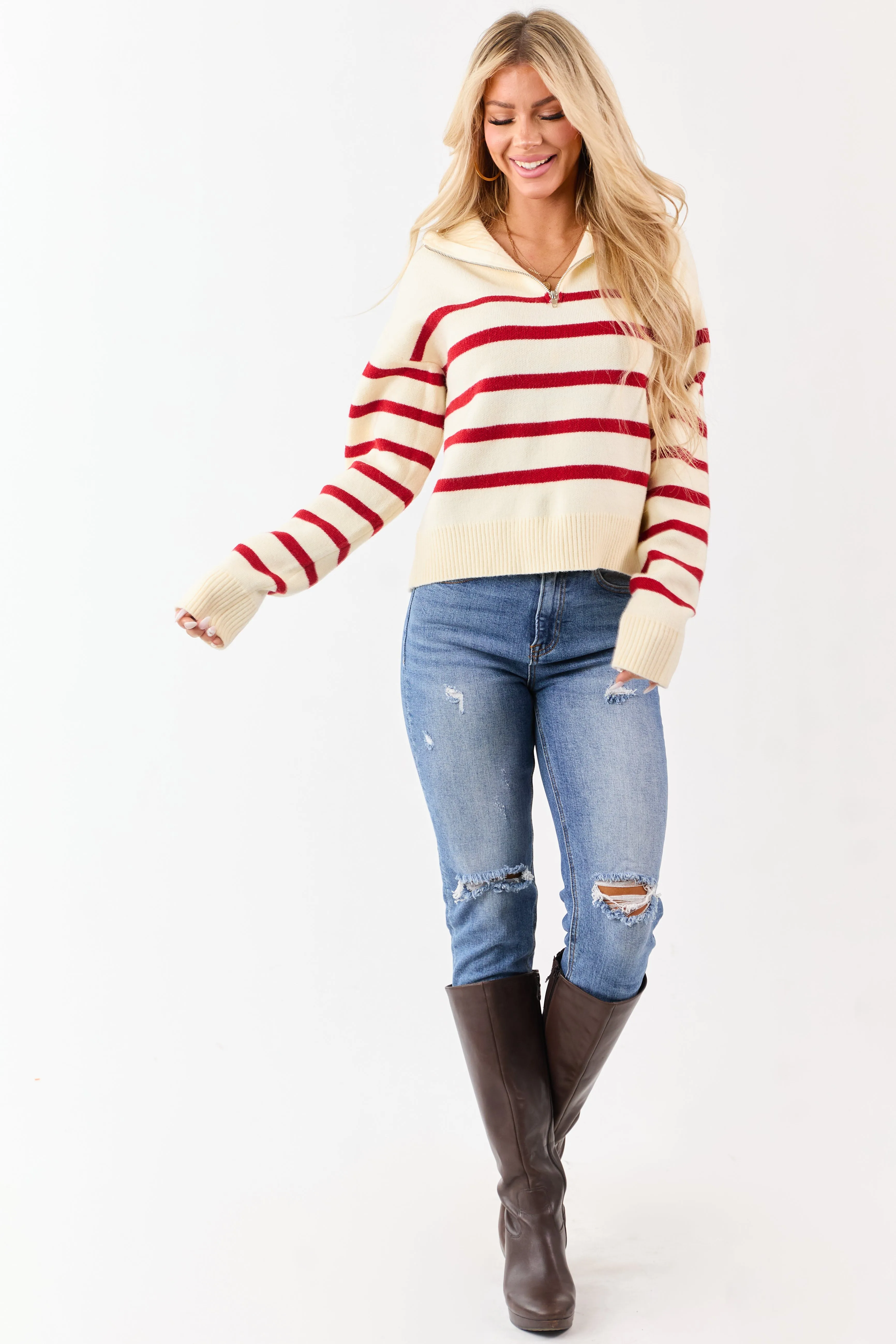 Cream and Cherry Striped Half Zip Up Knit Sweater sold by Lime Lush product image thumbnail 3