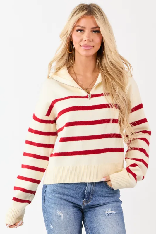 Cream and Cherry Striped Half Zip Up Knit Sweater sold by Lime Lush