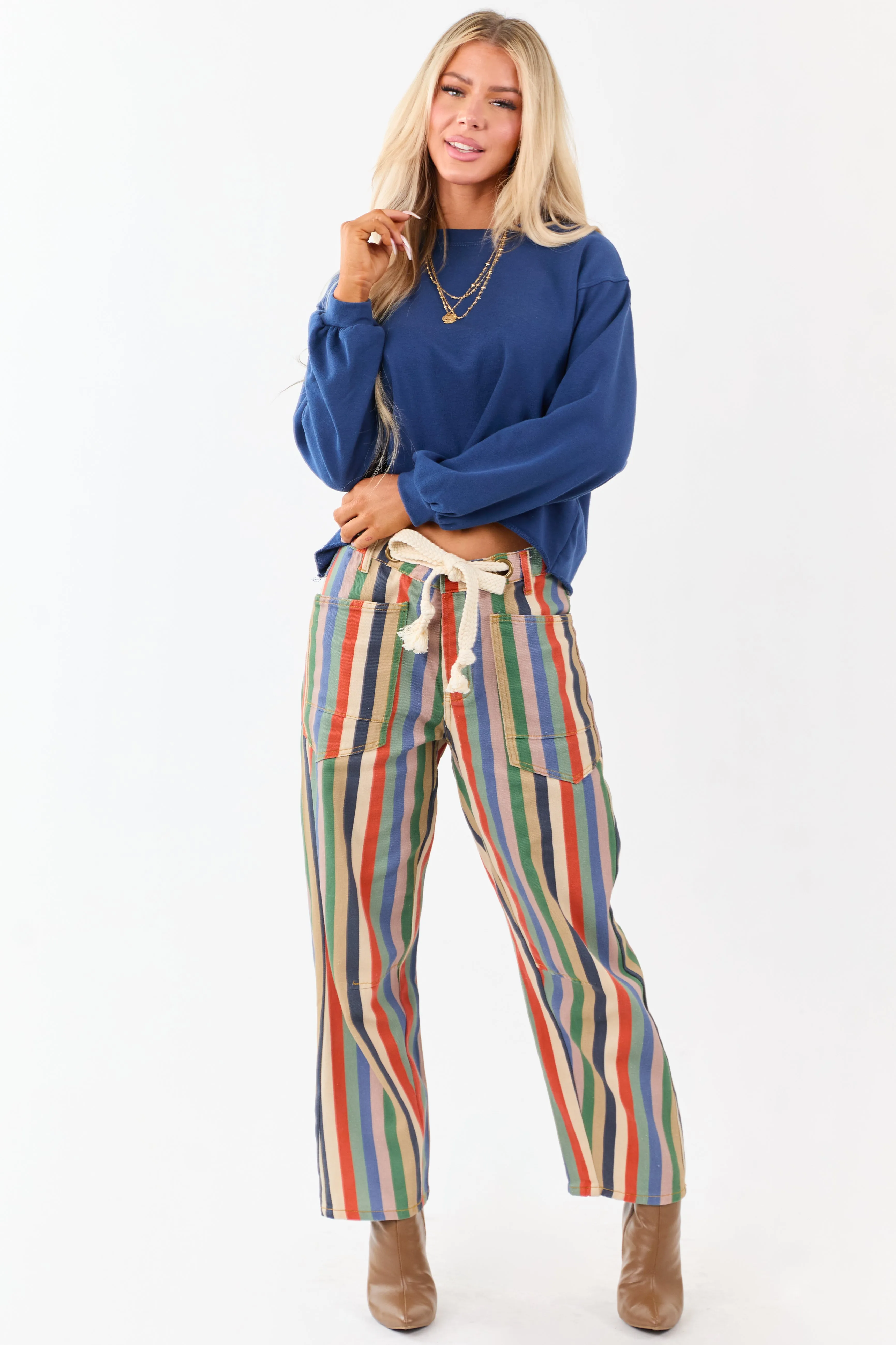 Multicolor Striped Wide Leg Waist Tie Denim Pants sold by Lime Lush product image thumbnail 5